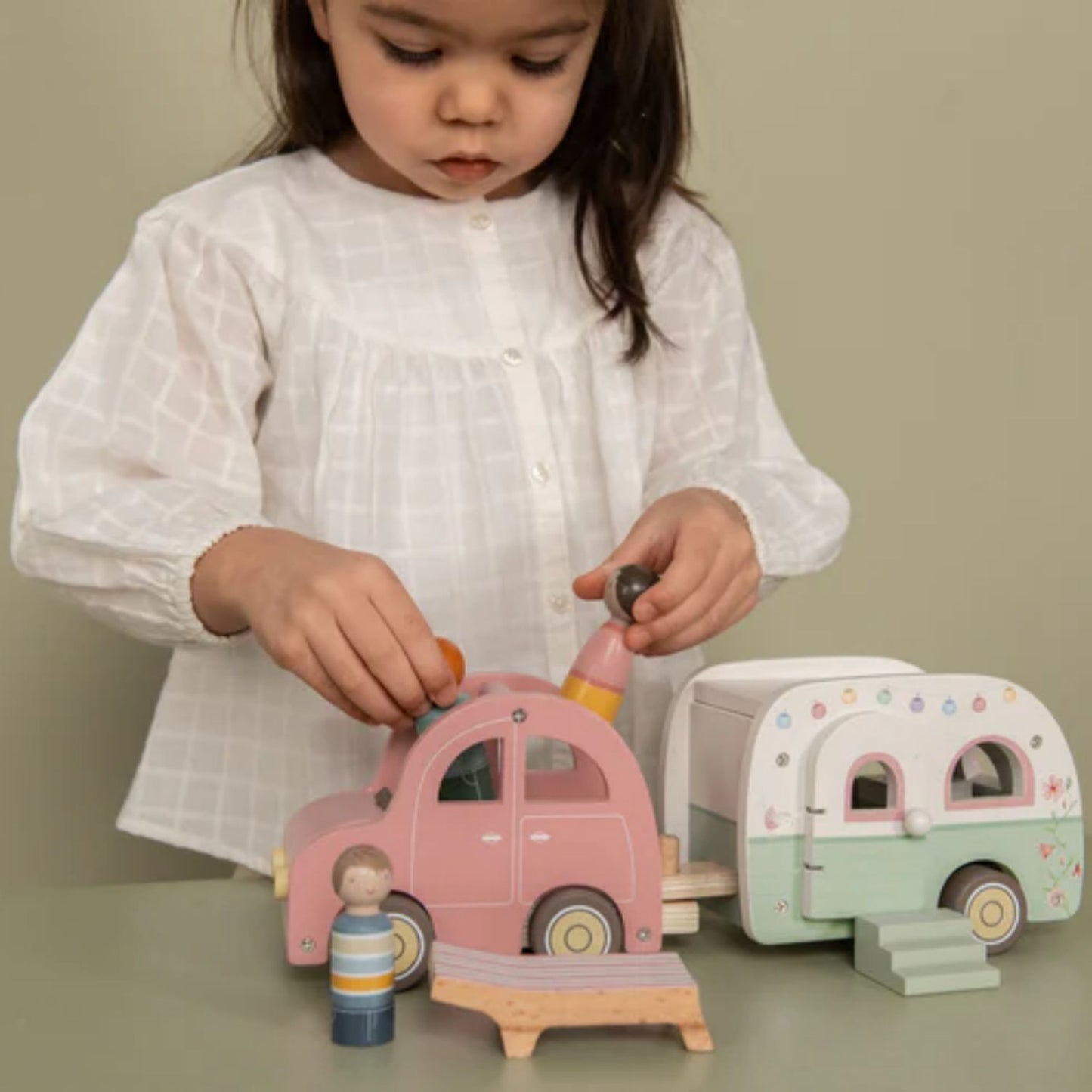 Vintage Car with Caravan and Dolls | Wooden Toy Set for Imaginative Play