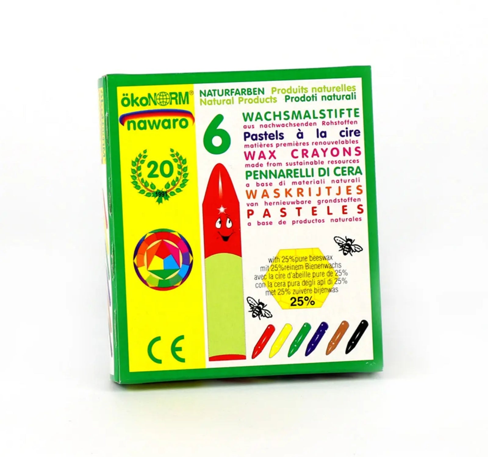 Box of wax crayons with colorful design and text on a white background