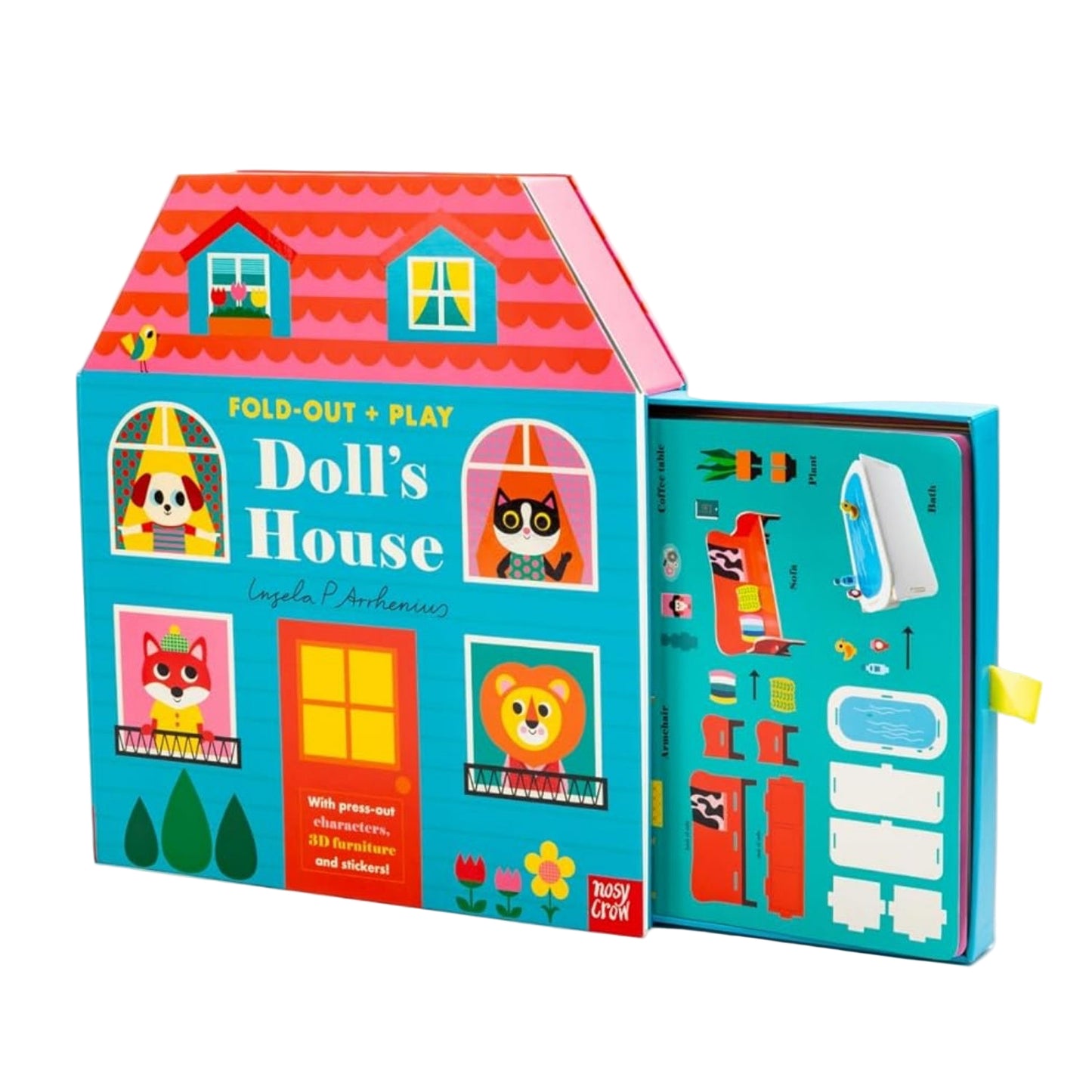 Fold-out and play doll's house book with colorful illustrations on a white background