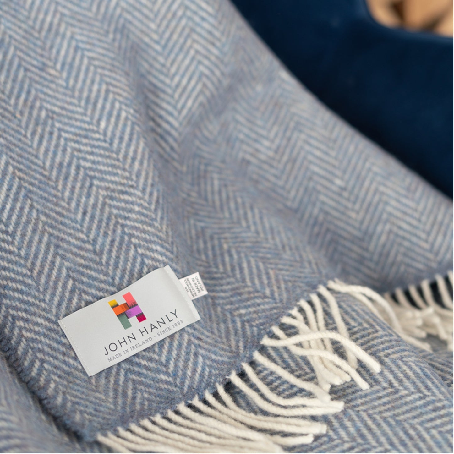 Denim Cream Herringbone Pattern | Cashmere Throw Blanket | Made in Nenagh, Co. Tipperary