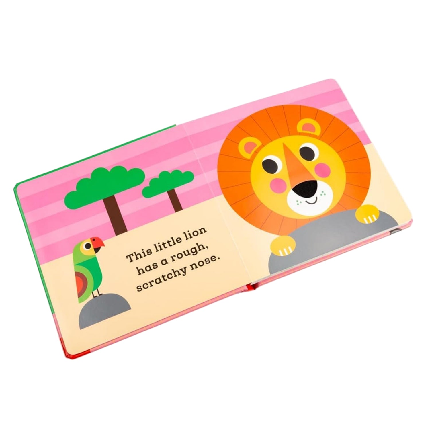 Children's book with a lion illustration and text on a white background