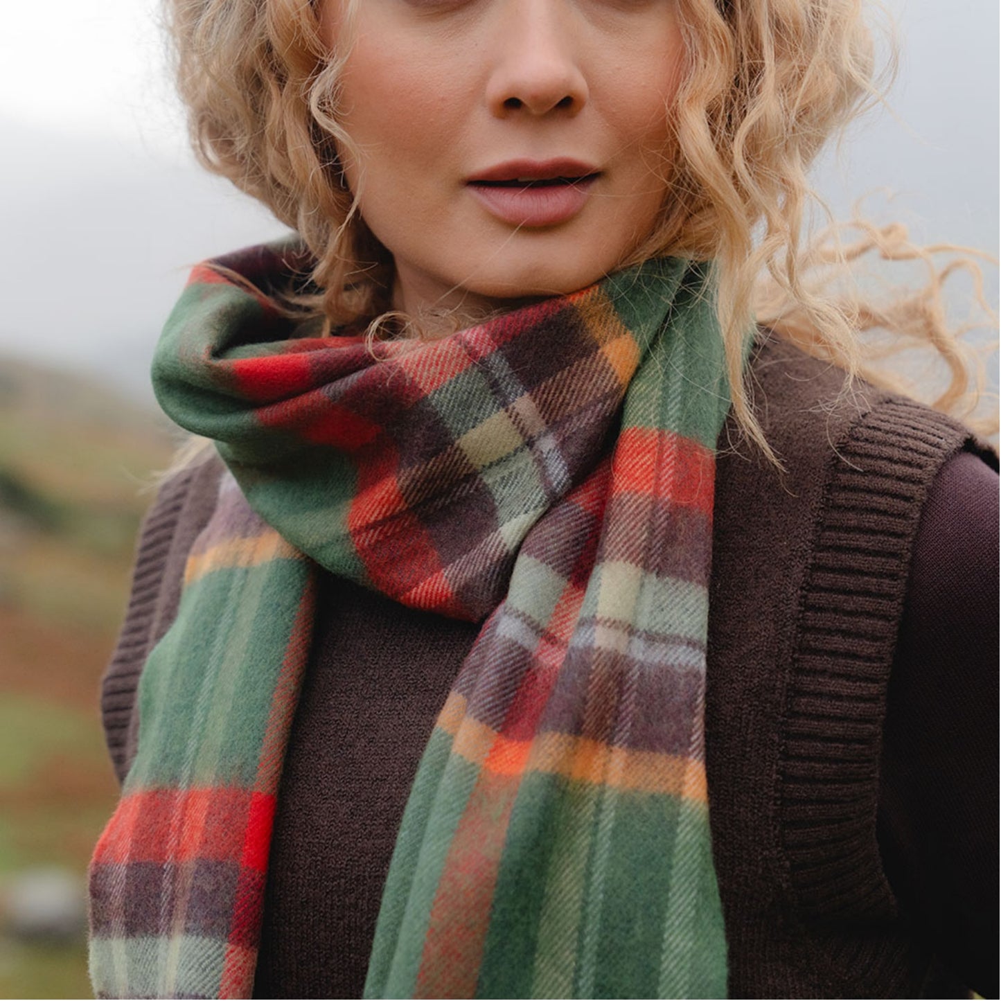 Green, Rust, Orange and Brown Check Pattern | Merino Luxury Wool Scarf | Made in Nenagh, Co. Tipperary