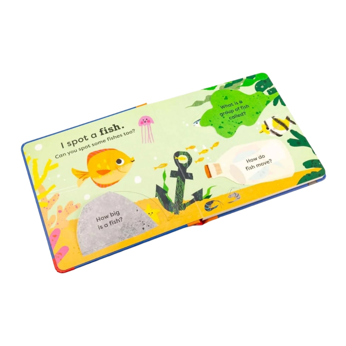 Children's book with underwater-themed illustrations on a white background