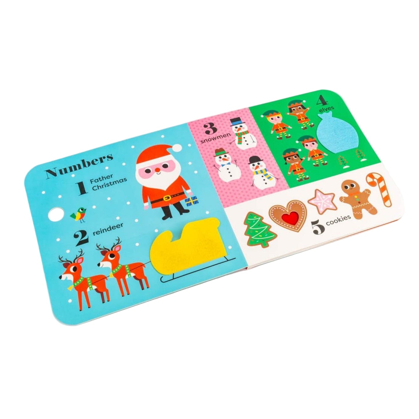 Educational children's book with Christmas-themed illustrations on a white background