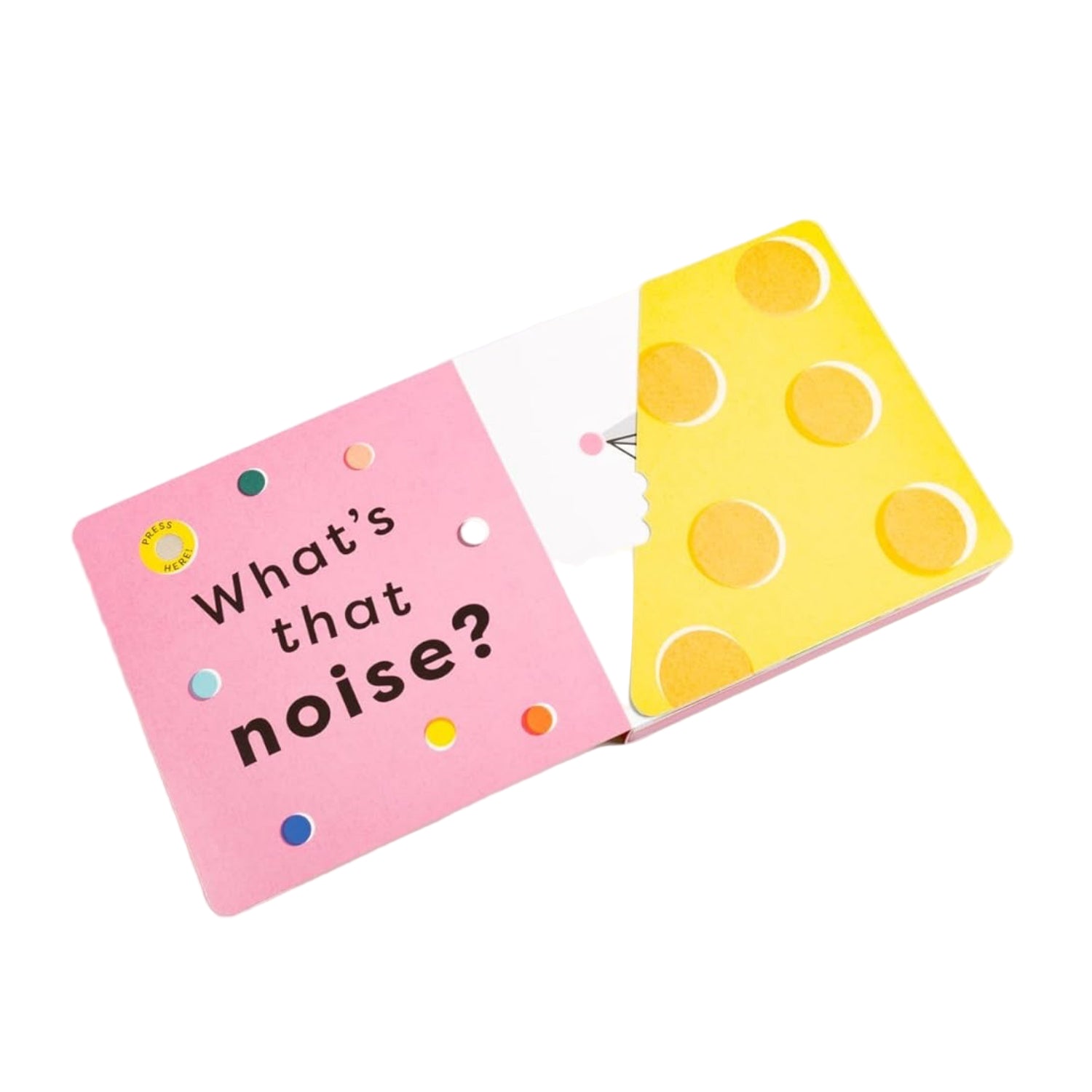 Children's book with a pink cover and yellow cheese-shaped page on a white background