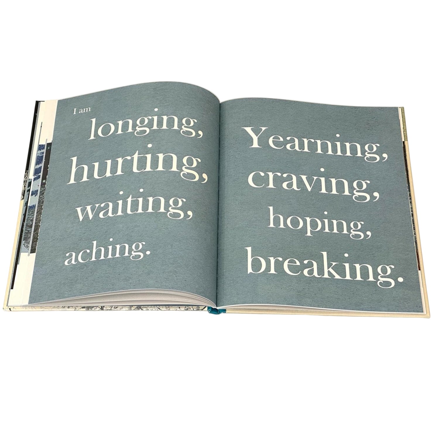 Open book with emotional text on a white background