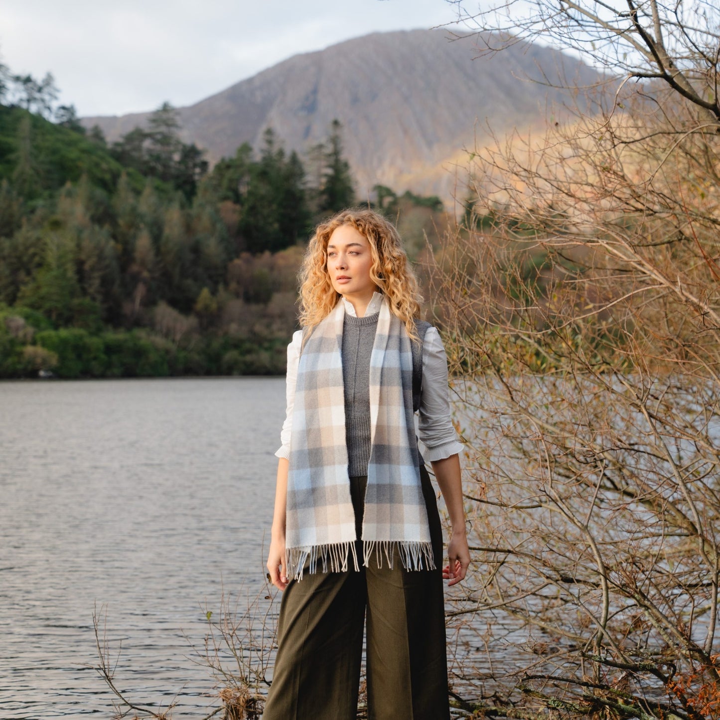 Blue, Grey, Stone and White Block Check Pattern | Merino Luxury Wool Scarf | Made in Nenagh, Co. Tipperary