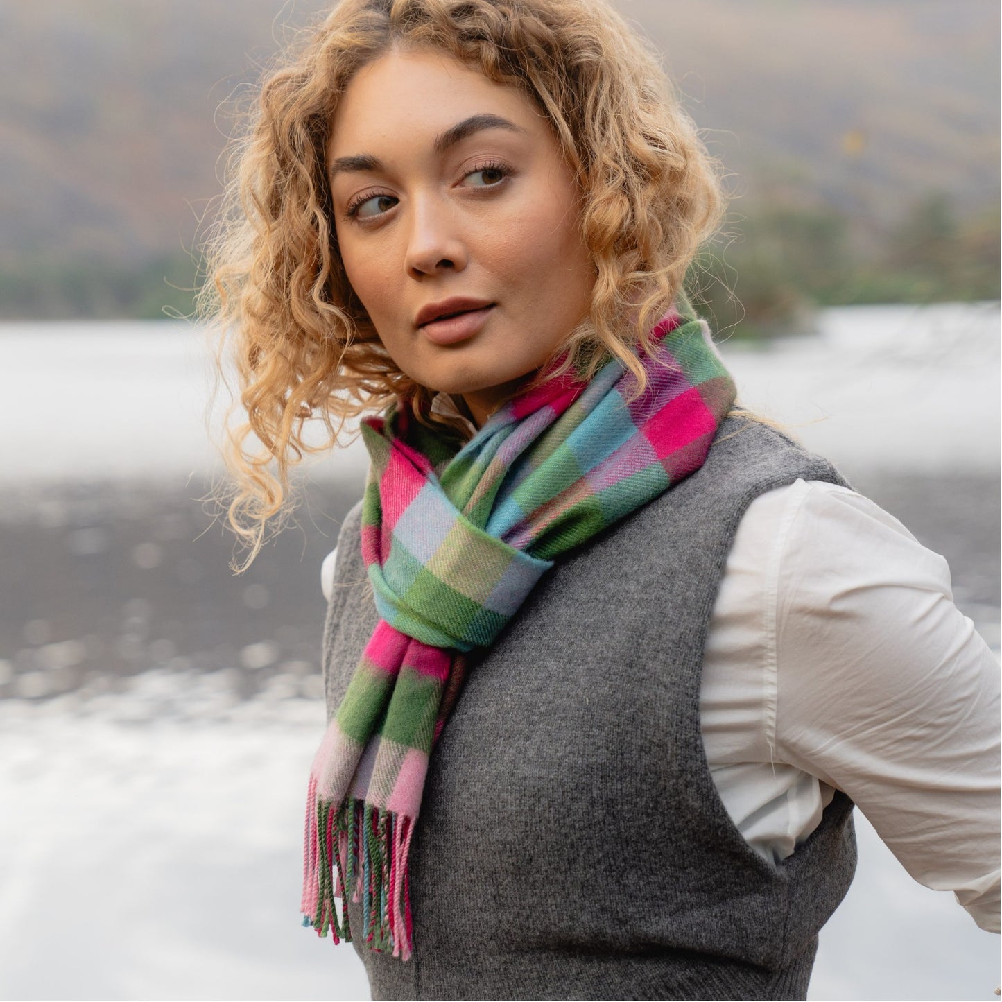 Pink, Raspberry, Blue and Green Block Check Pattern | Merino Luxury Wool Scarf | Made in Nenagh, Co. Tipperary