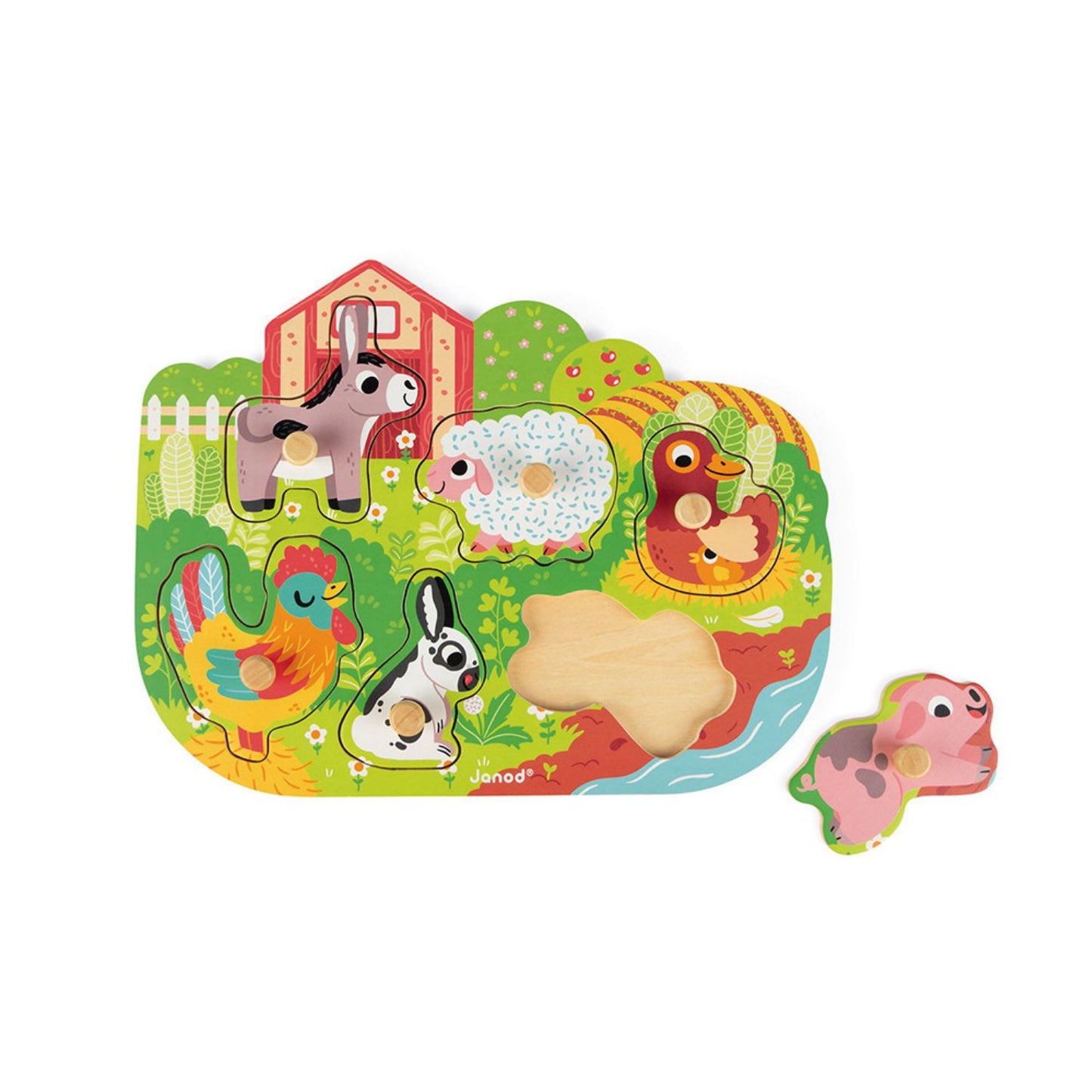 Happy Farm Wooden Pegged Puzzle with 6 Different Animals | Wooden Toddler Activity Toy