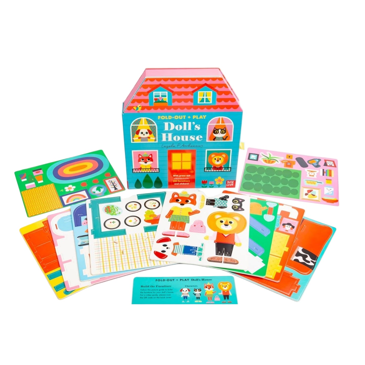Fold-out and play doll's house toy set with colorful components on a white background