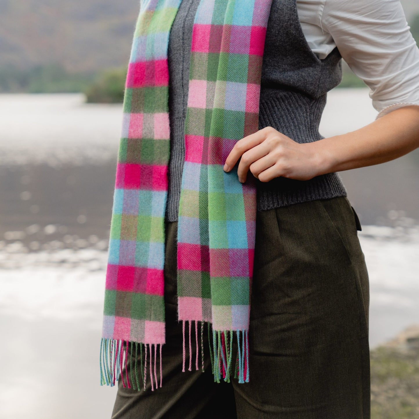 Pink, Raspberry, Blue and Green Block Check Pattern | Merino Luxury Wool Scarf | Made in Nenagh, Co. Tipperary