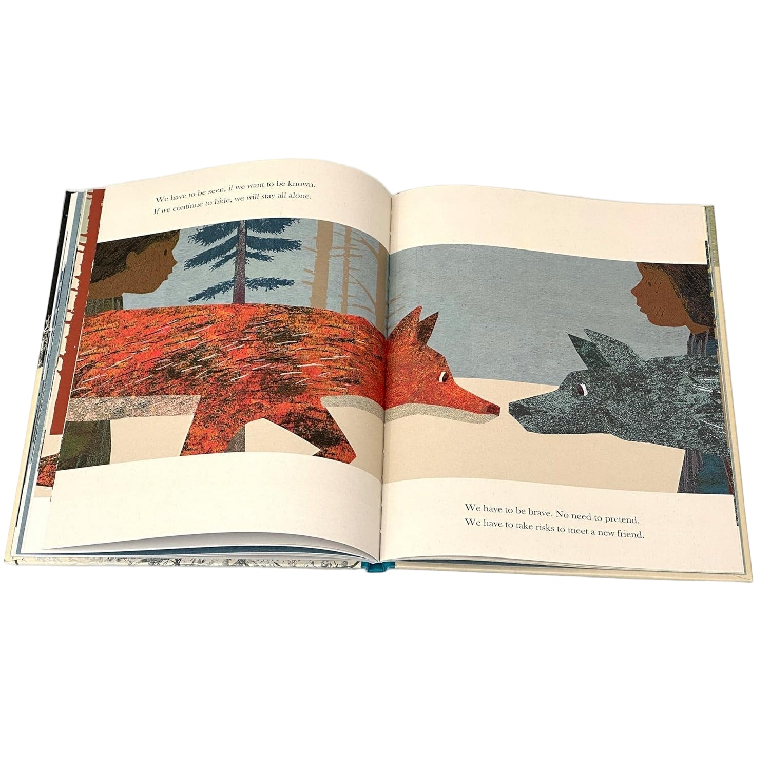Open book showing illustrations of a fox and a wolf facing each other.