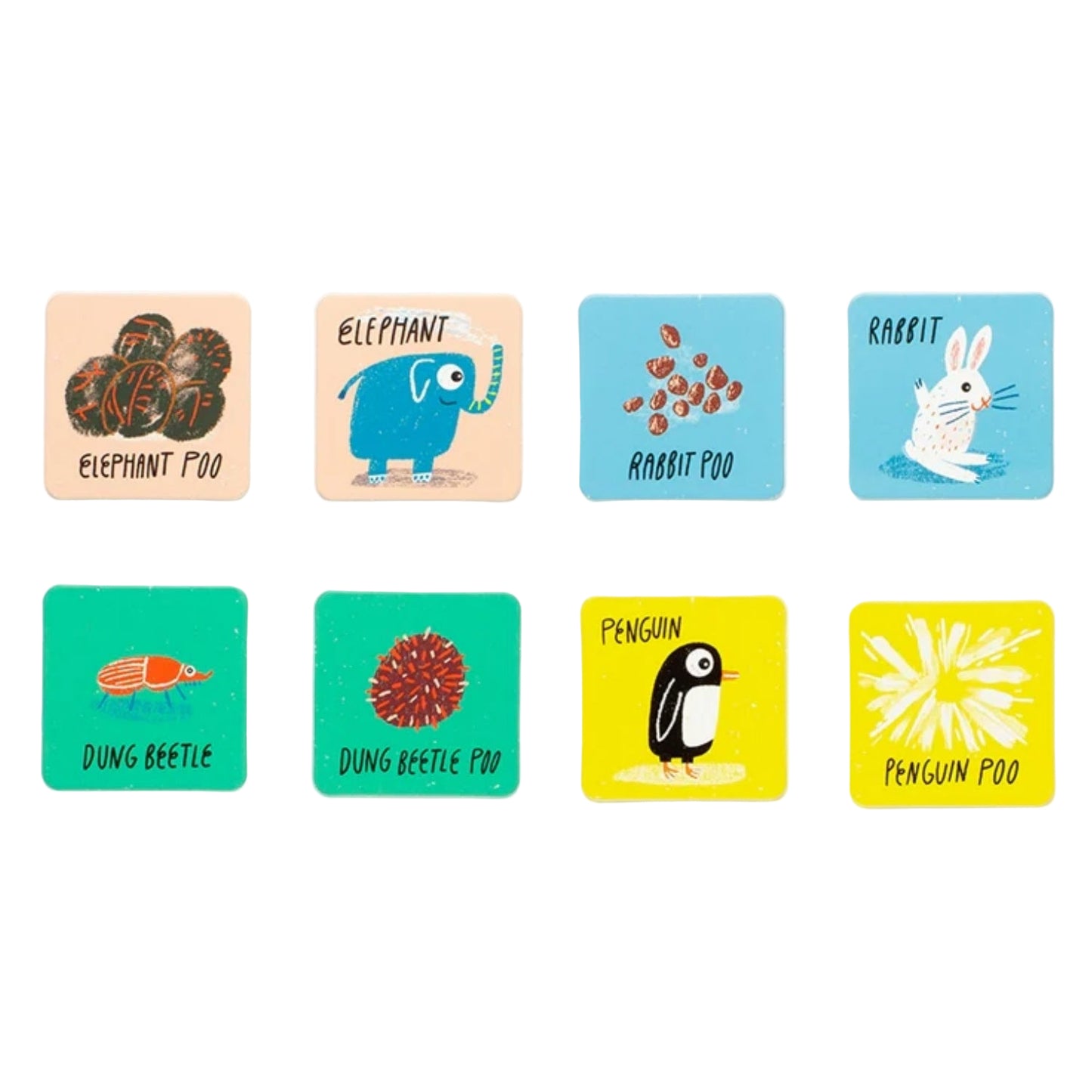 Set of cards with animal illustrations and text on a white background