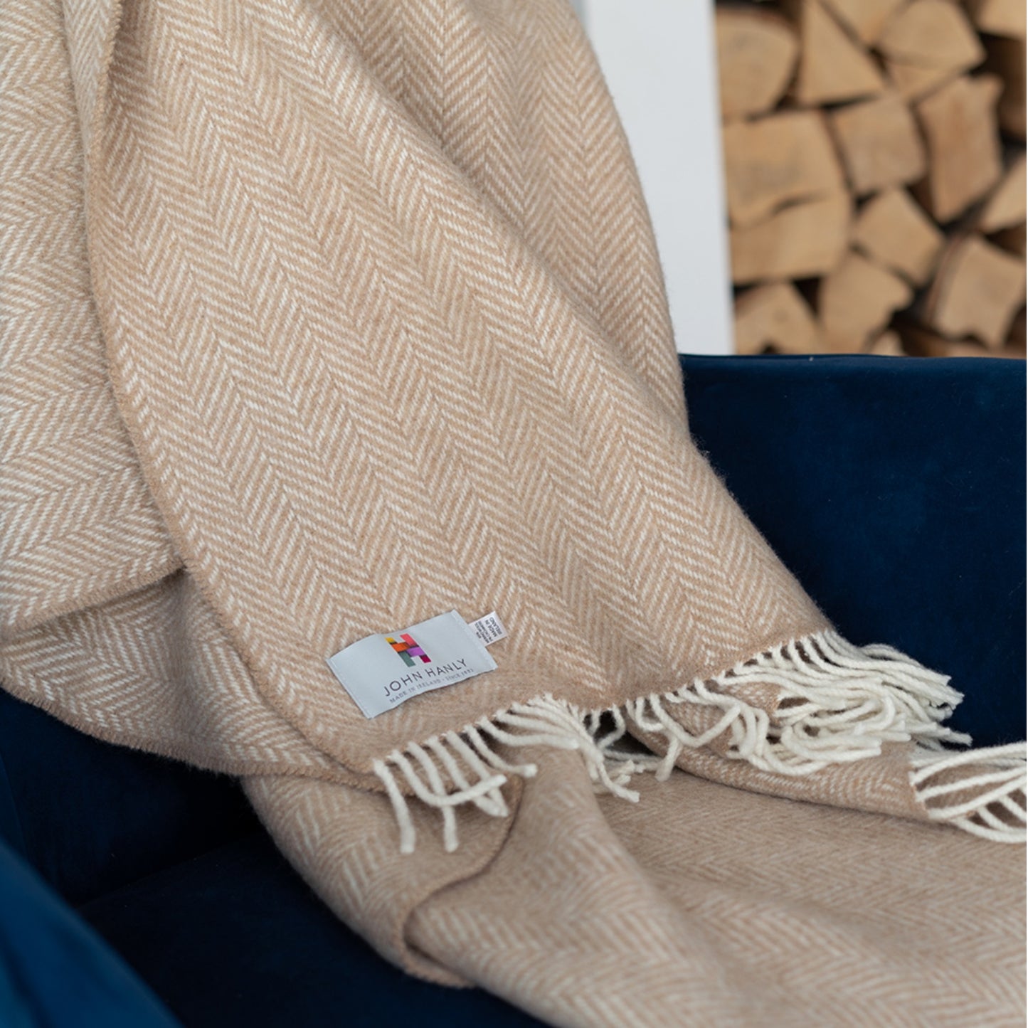 Beige Herringbone Pattern | Cashmere Throw Blanket | Made in Nenagh, Co. Tipperary