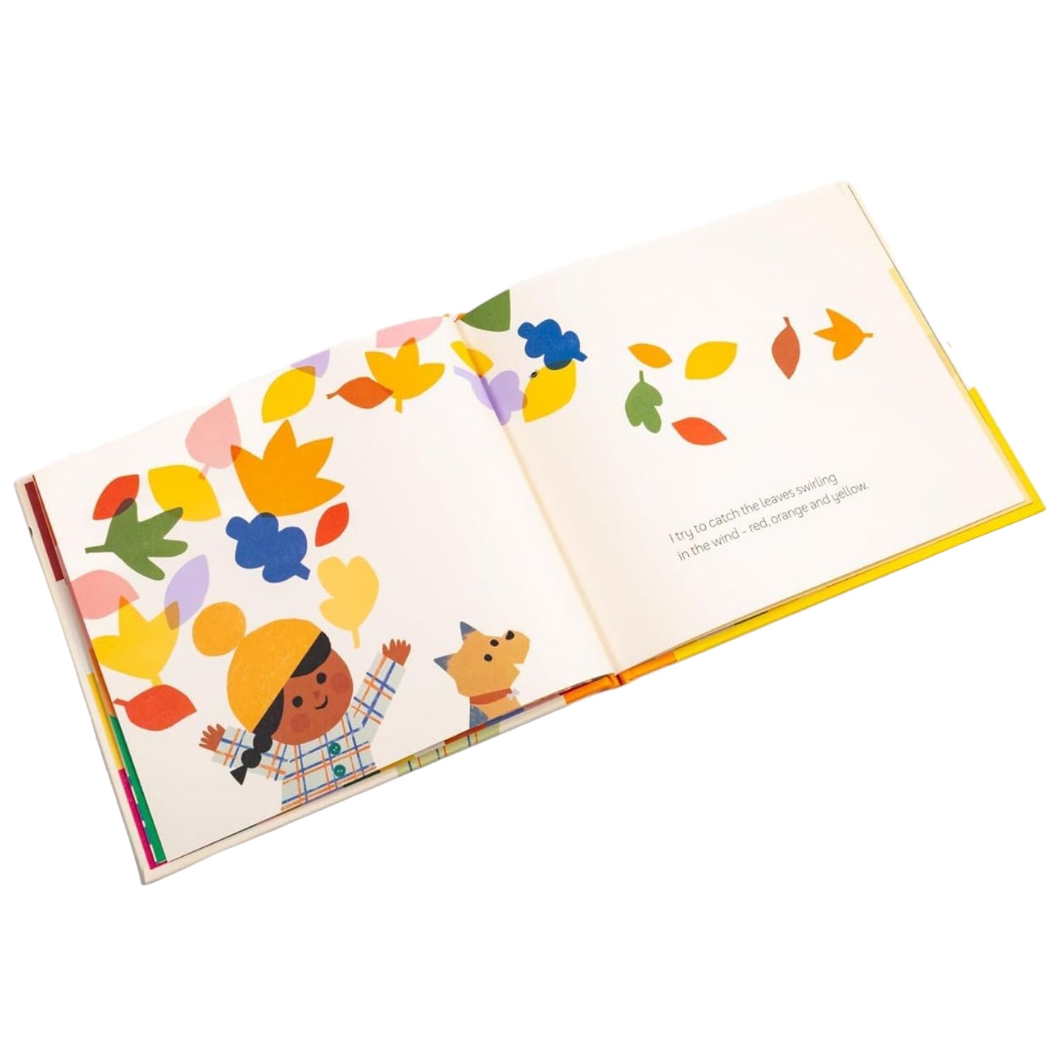 Open children's book with colorful illustrations on a white background