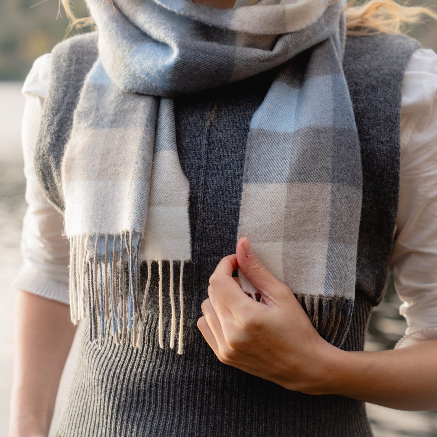 Blue, Grey, Stone and White Block Check Pattern | Merino Luxury Wool Scarf | Made in Nenagh, Co. Tipperary