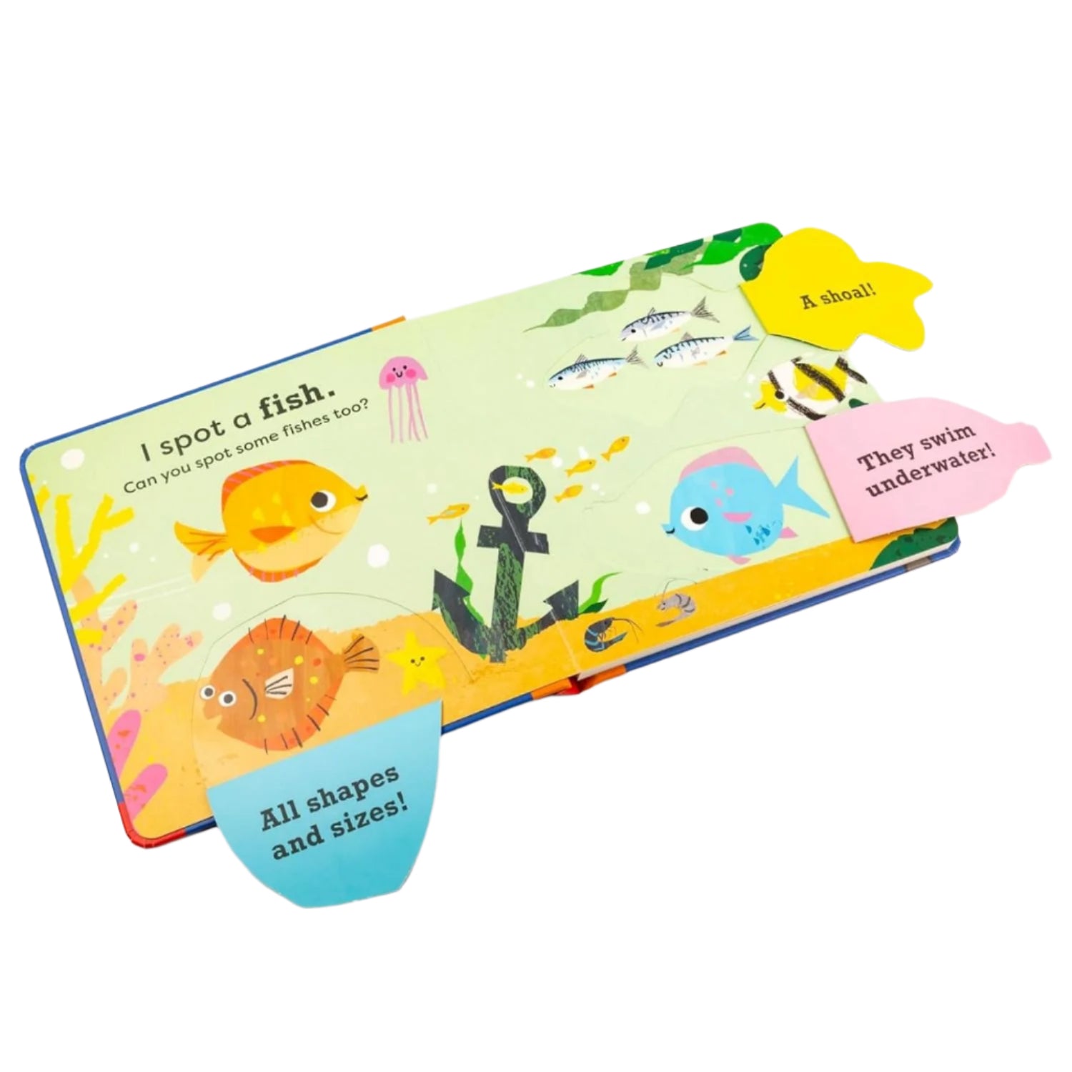 Children's book with underwater theme featuring fish and sea creatures on a white background