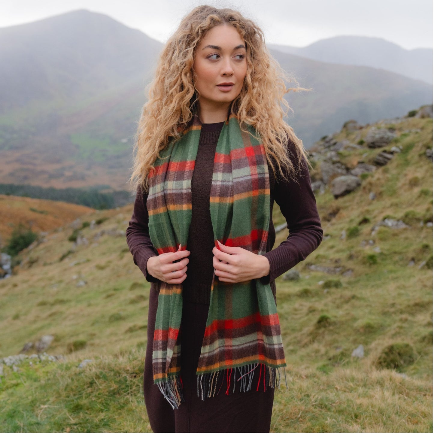 Green, Rust, Orange and Brown Check Pattern | Merino Luxury Wool Scarf | Made in Nenagh, Co. Tipperary