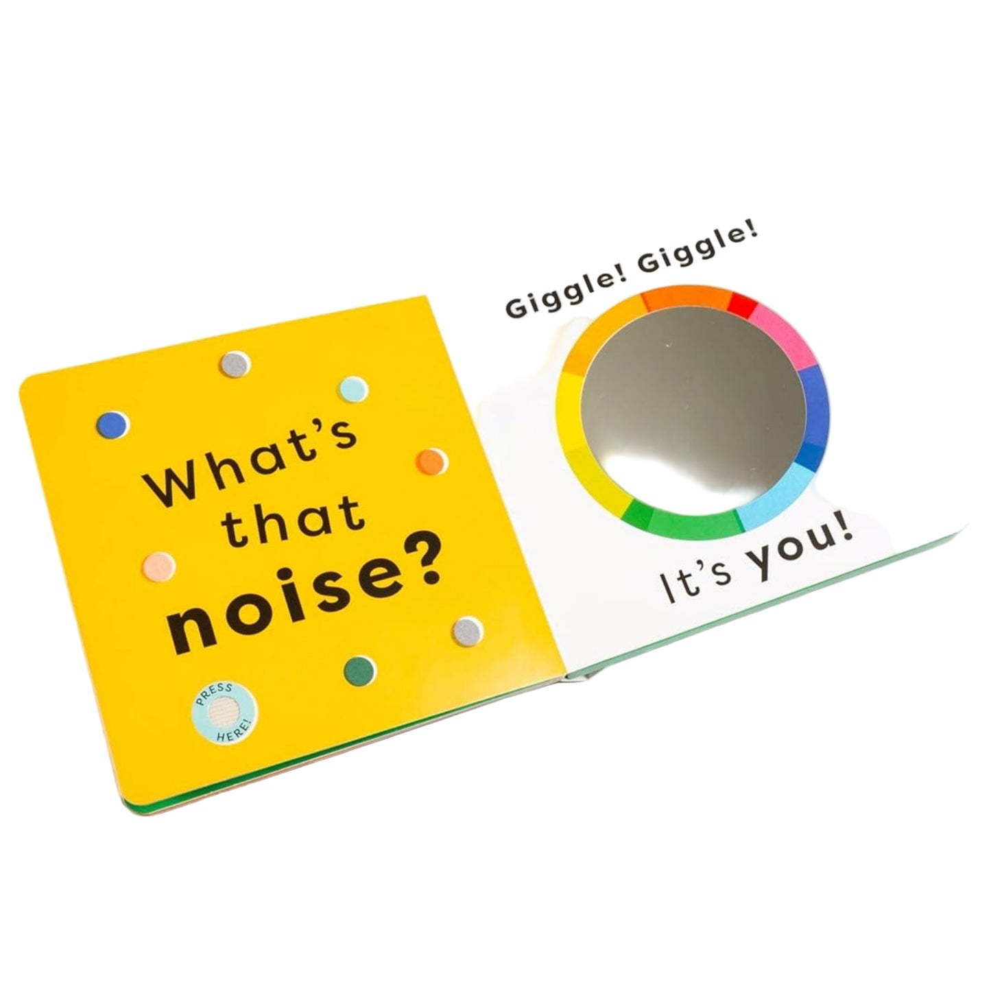 Children's book with a mirror and text on a white background