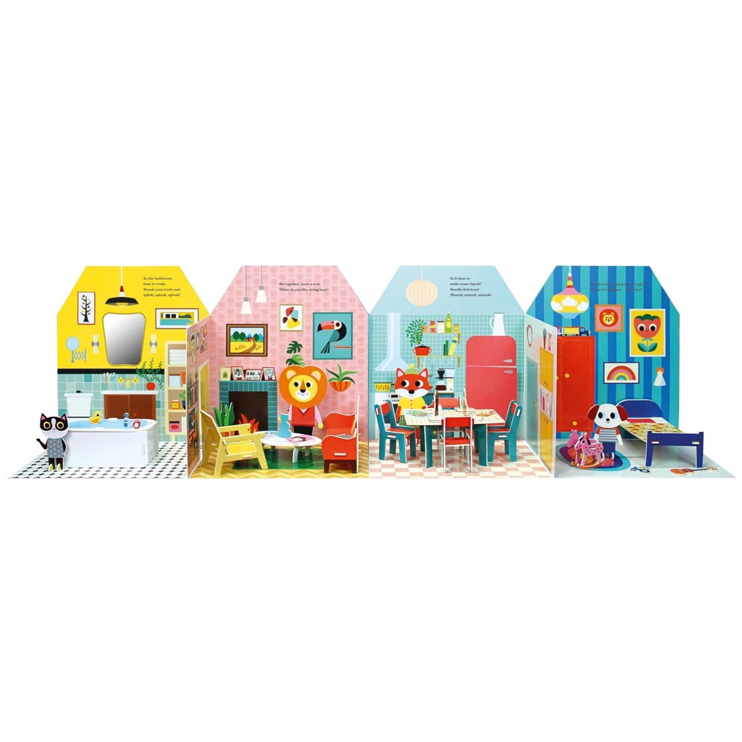 Set of colorful toy houses with different rooms on a white background