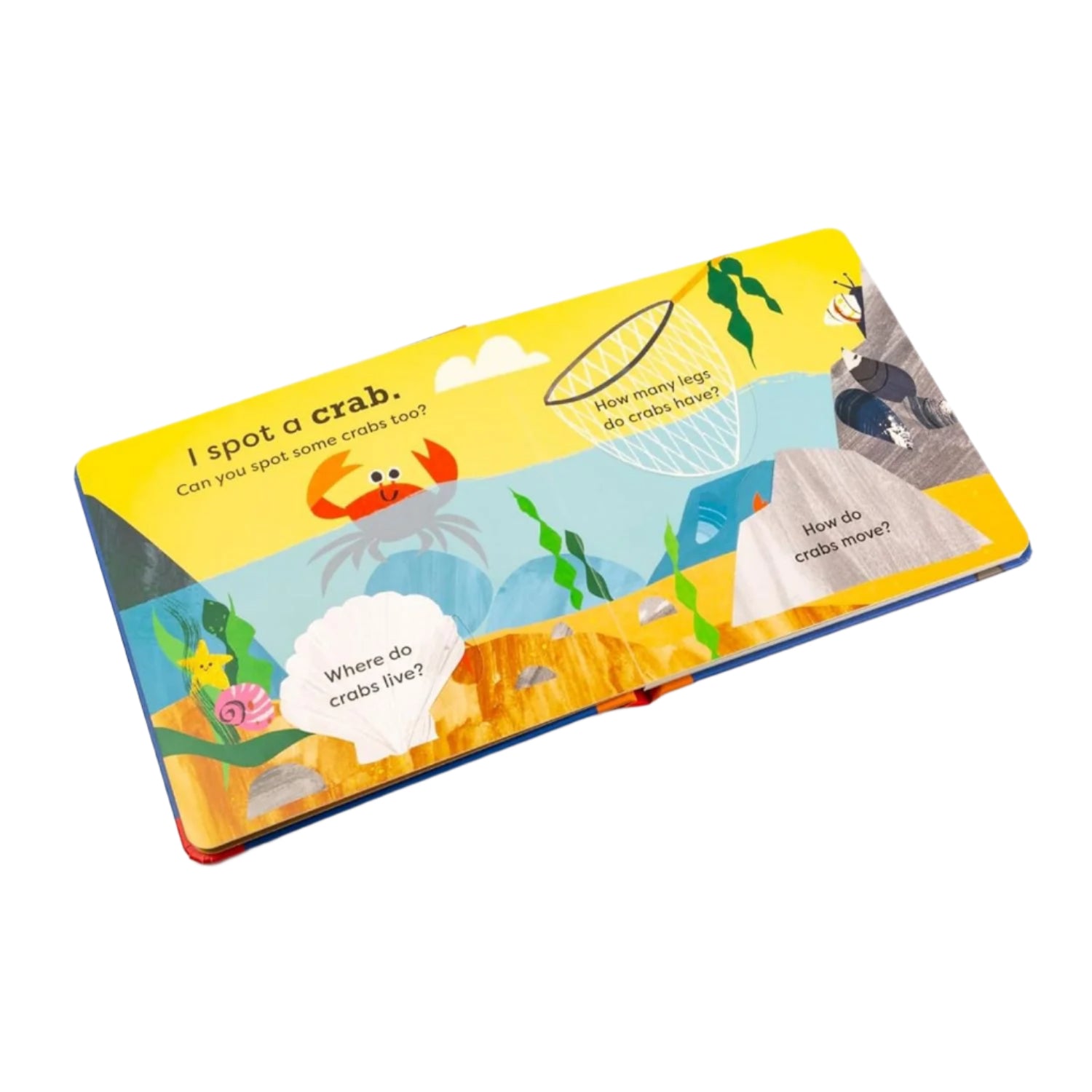 Children's book with a yellow cover featuring a crab illustration on a white background