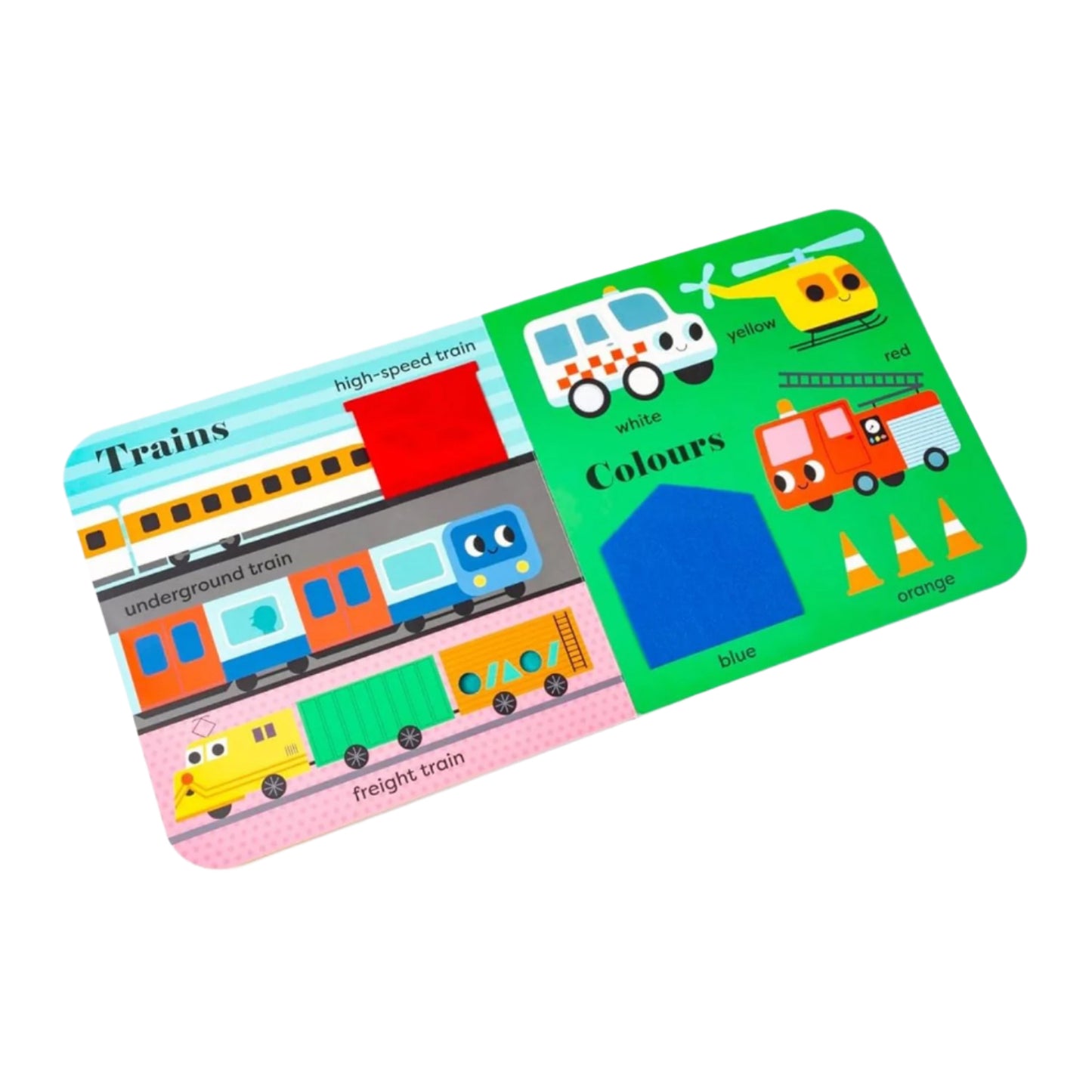 Children's educational board with train and vehicle illustrations on a white background