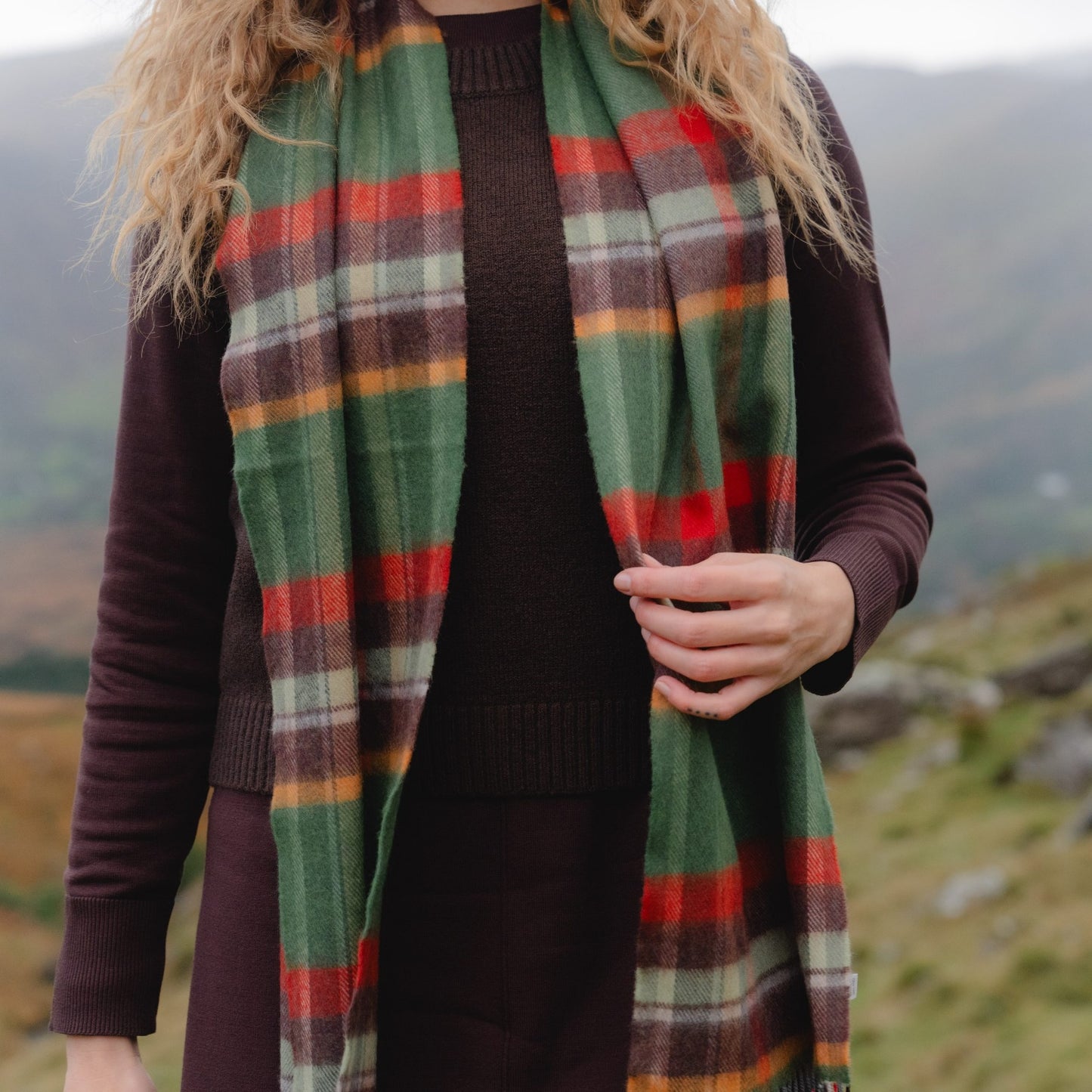 Green, Rust, Orange and Brown Check Pattern | Merino Luxury Wool Scarf | Made in Nenagh, Co. Tipperary