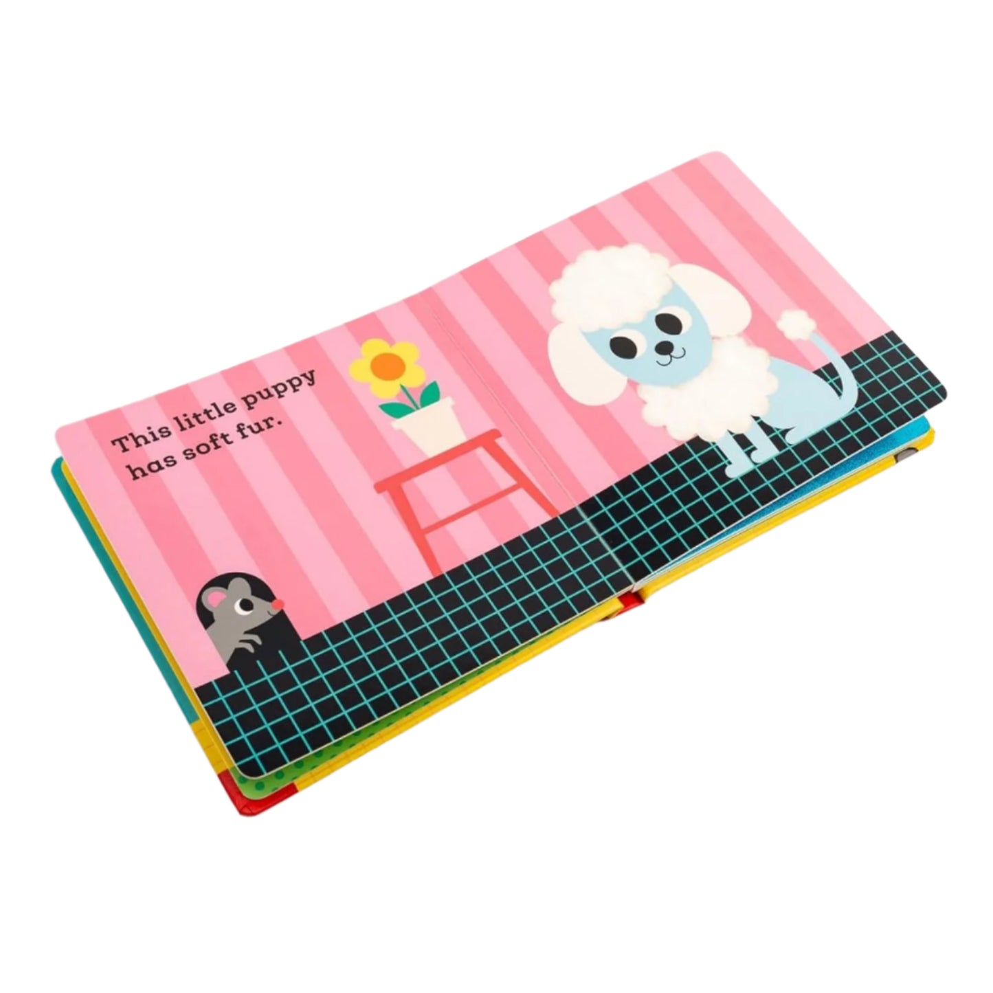 Children's book with cartoon poodle and text on a pink background