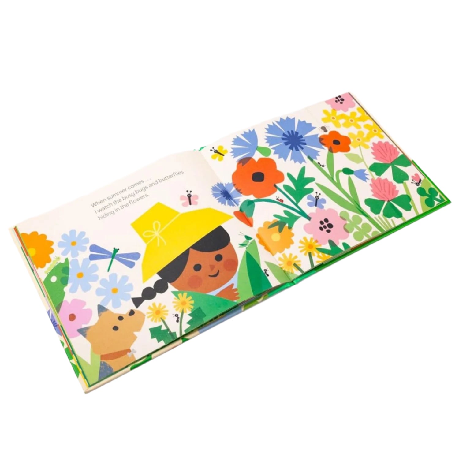 Children's book with colorful illustrations of a girl in a yellow raincoat and flowers on a white background