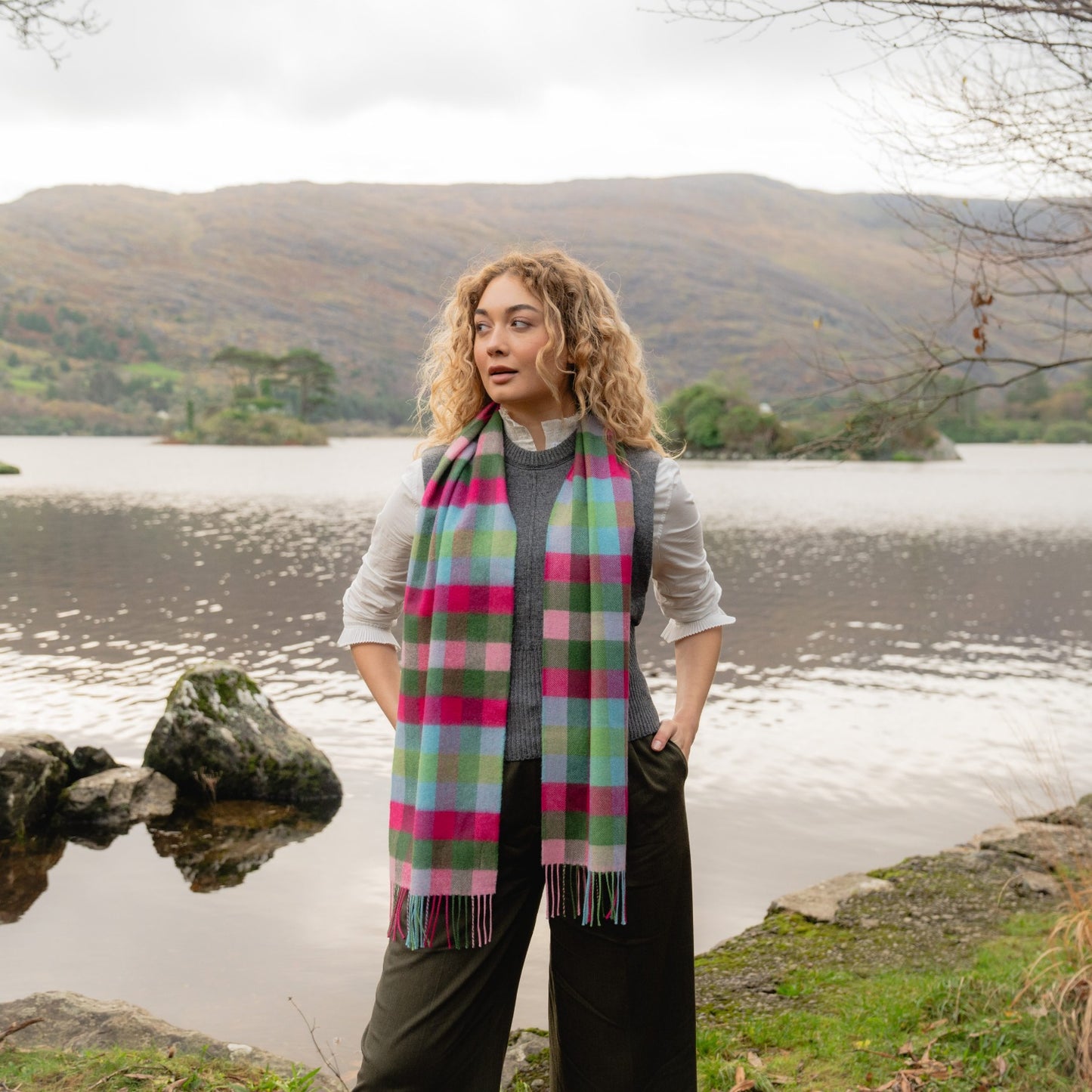 Pink, Raspberry, Blue and Green Block Check Pattern | Merino Luxury Wool Scarf | Made in Nenagh, Co. Tipperary