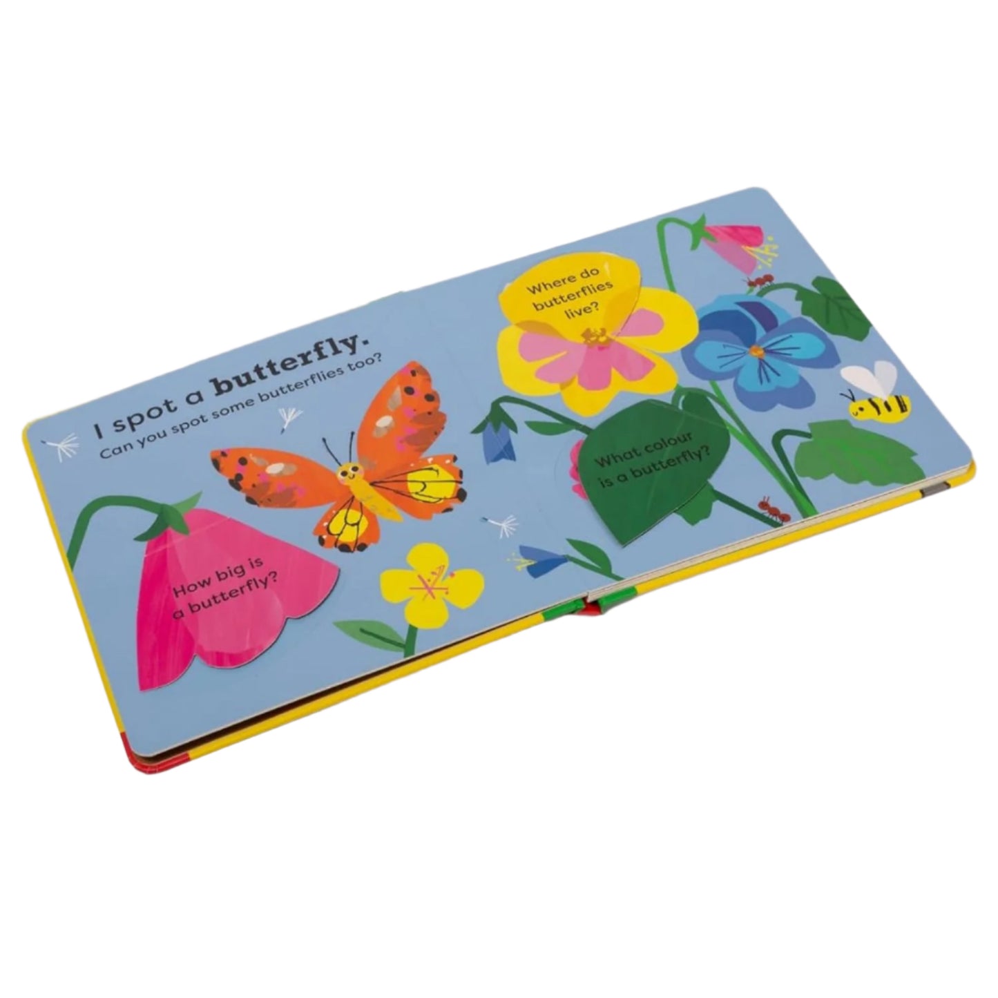 Children's book with colorful illustrations of butterflies and flowers on a light gray background