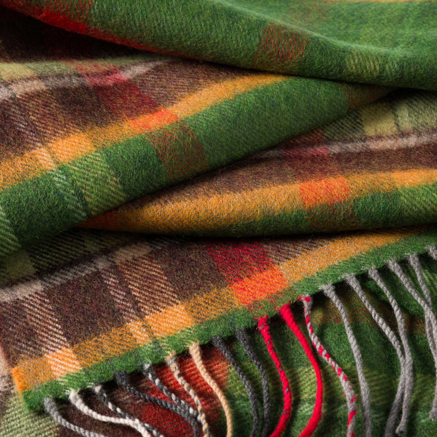 Green, Rust, Orange and Brown Check Pattern | Merino Luxury Wool Scarf | Made in Nenagh, Co. Tipperary