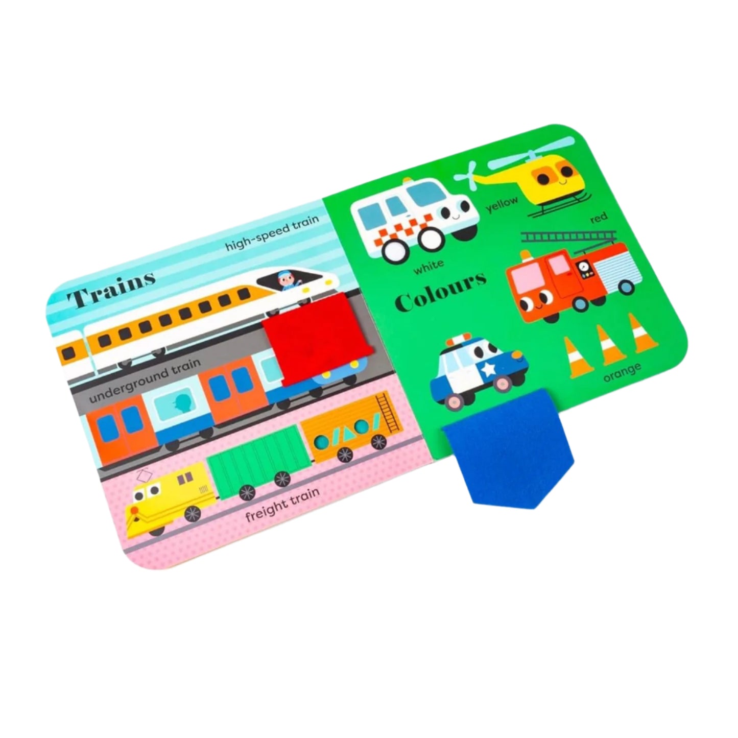 Children's educational card with train illustrations on a white background