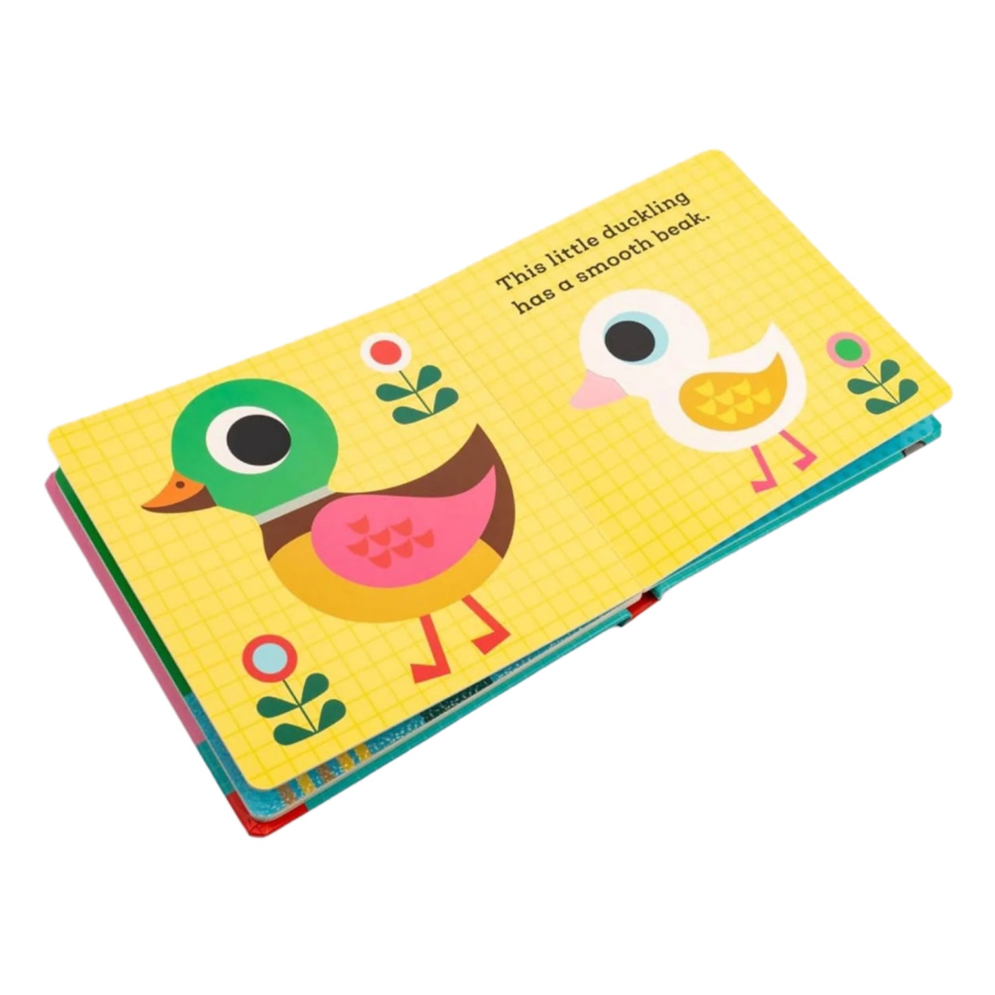 Children's book with a colorful duck illustration on a white background