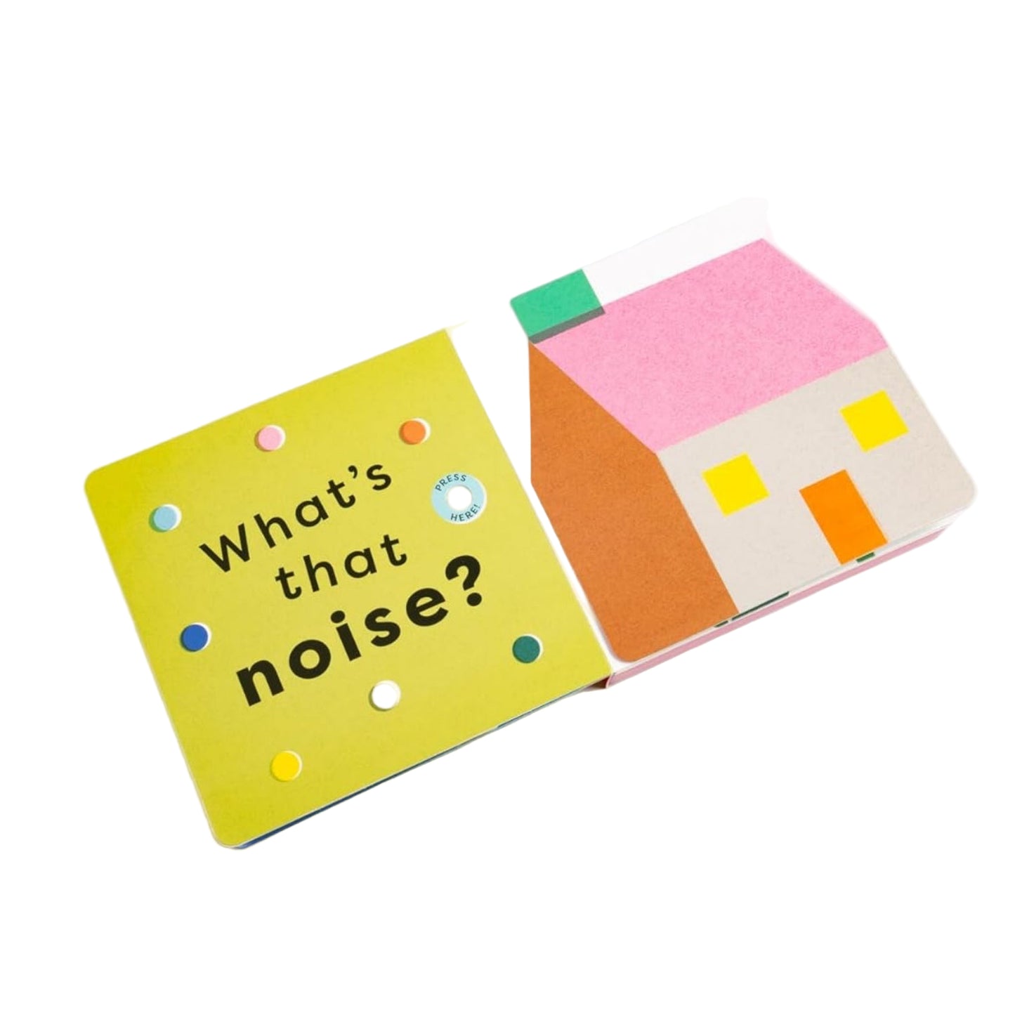 Children's book titled 'What's that noise?' with colorful pages on a white background