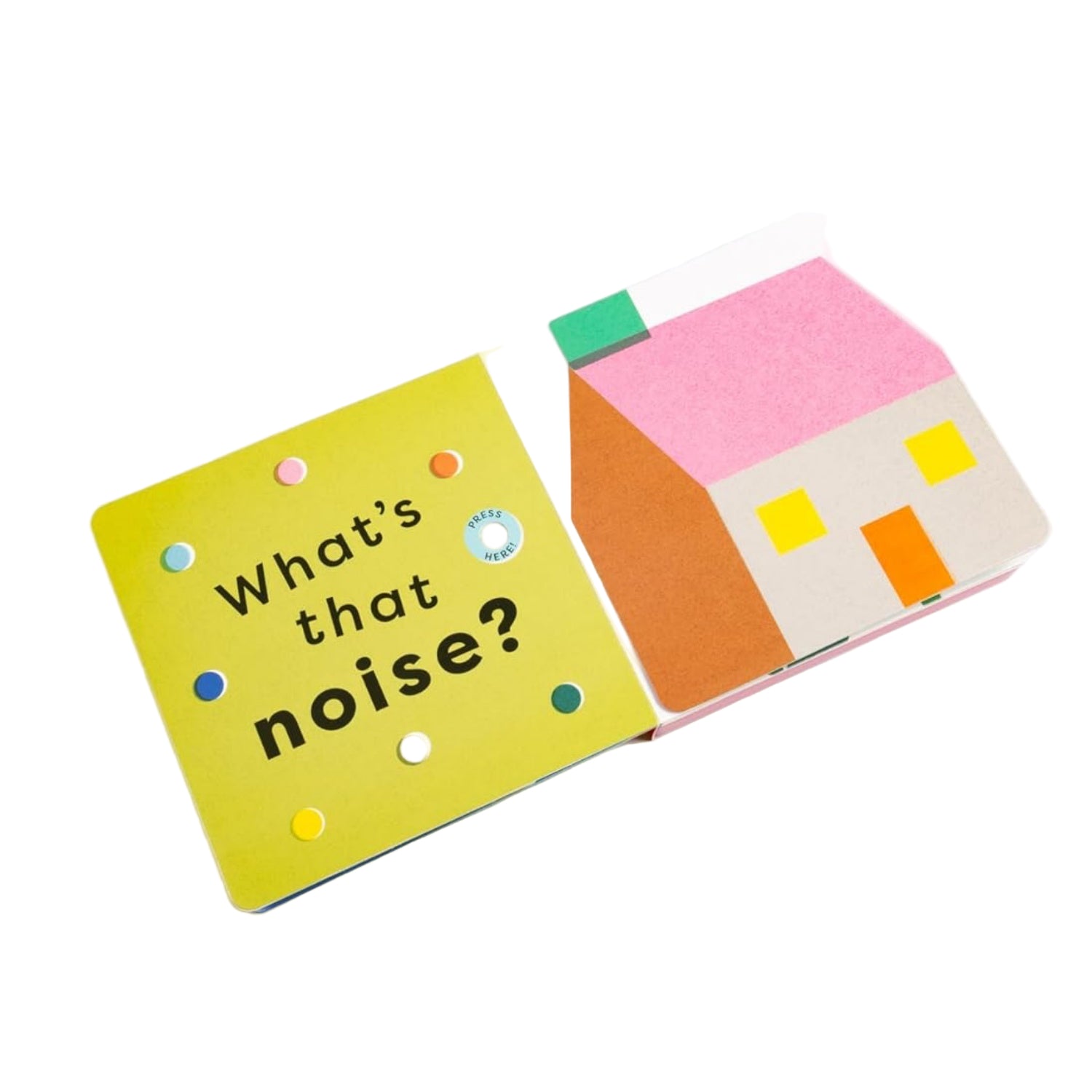 Children's book titled 'What's that noise?' with colorful pages on a white background