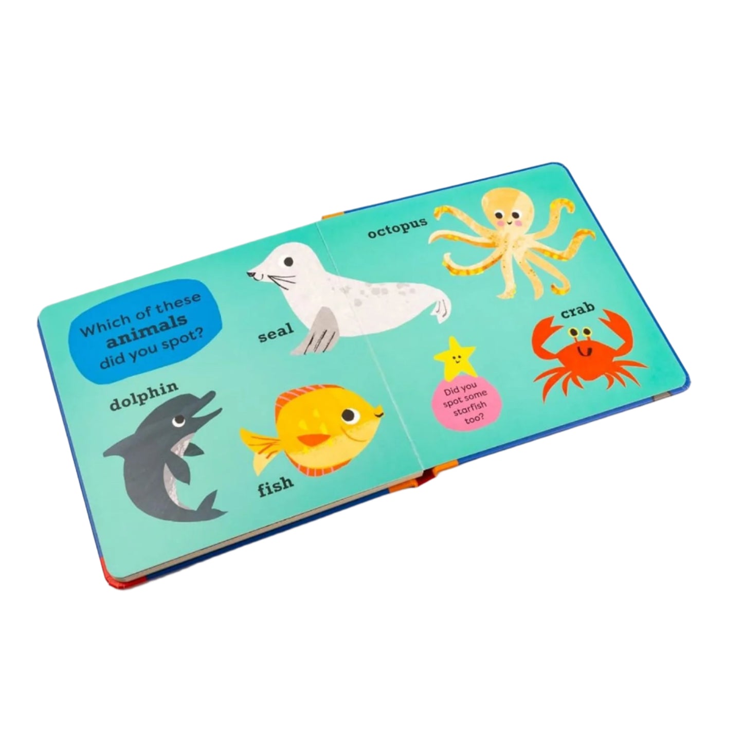 Children's book with illustrations of sea animals on a white background