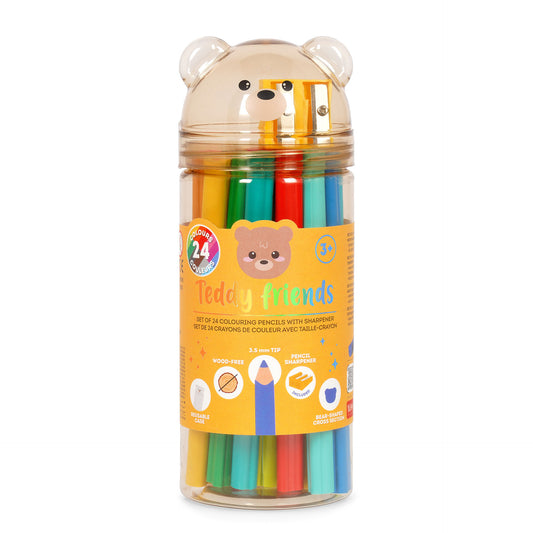 24 Colouring Pencils & Pencil Sharpener Set | Teddy Friends