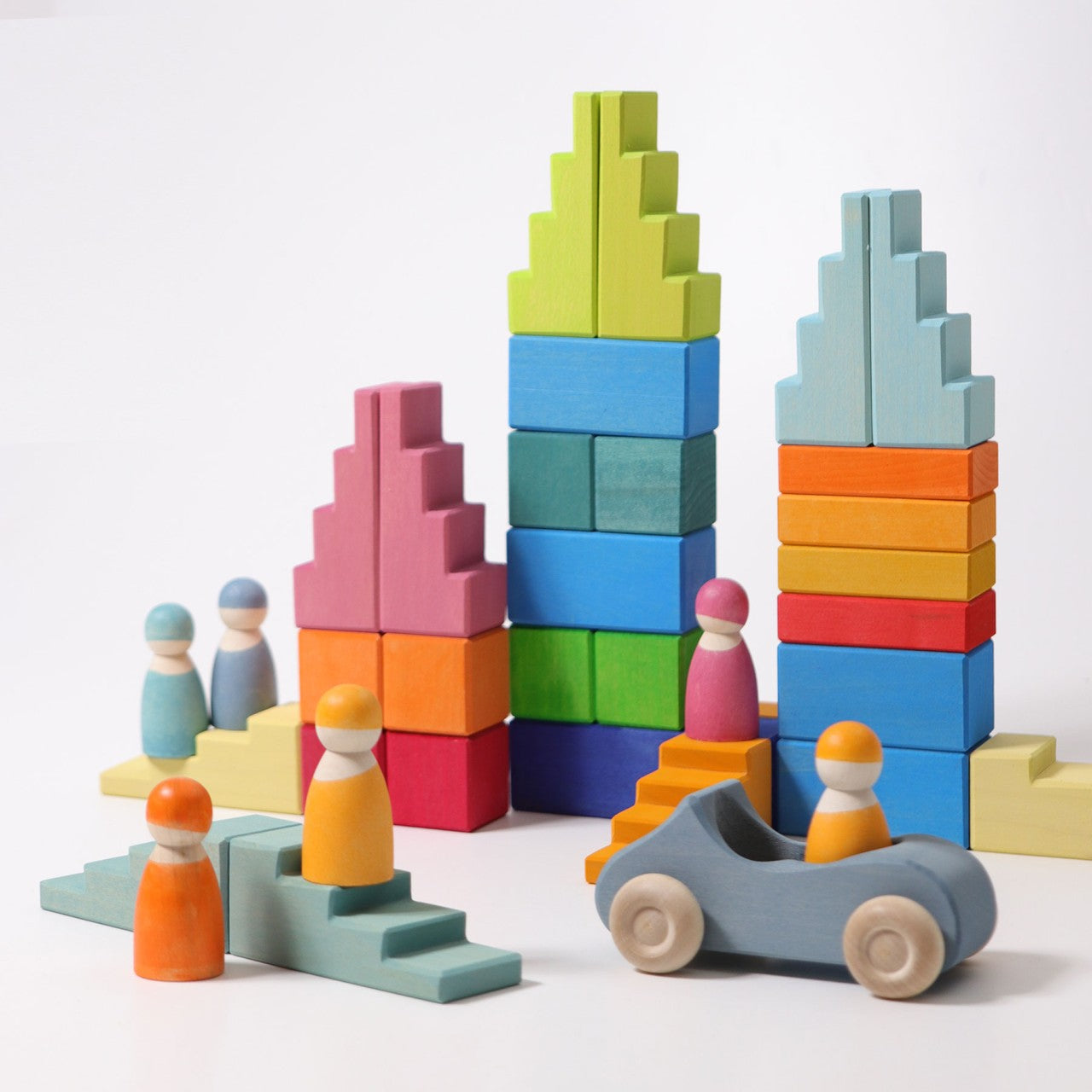 Pastel Stepped Roofs | Building Set | Wooden Toys for Kids | Open-Ended Play