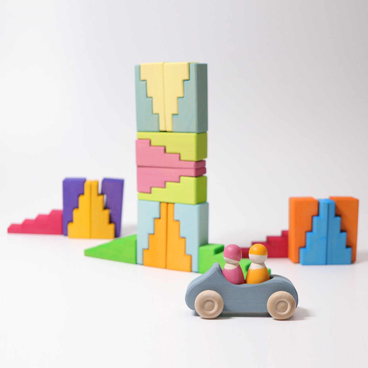 Pastel Stepped Roofs | Building Set | Wooden Toys for Kids | Open-Ended Play