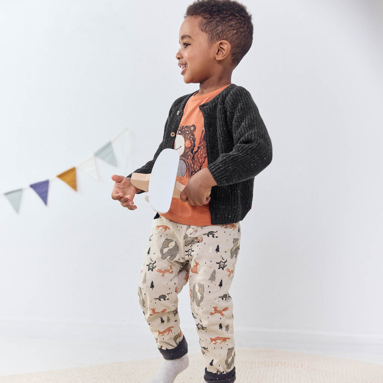 Woodland Animals | Beige - Anthracite | Kids Reversible Pants | GOTS Organic Cotton