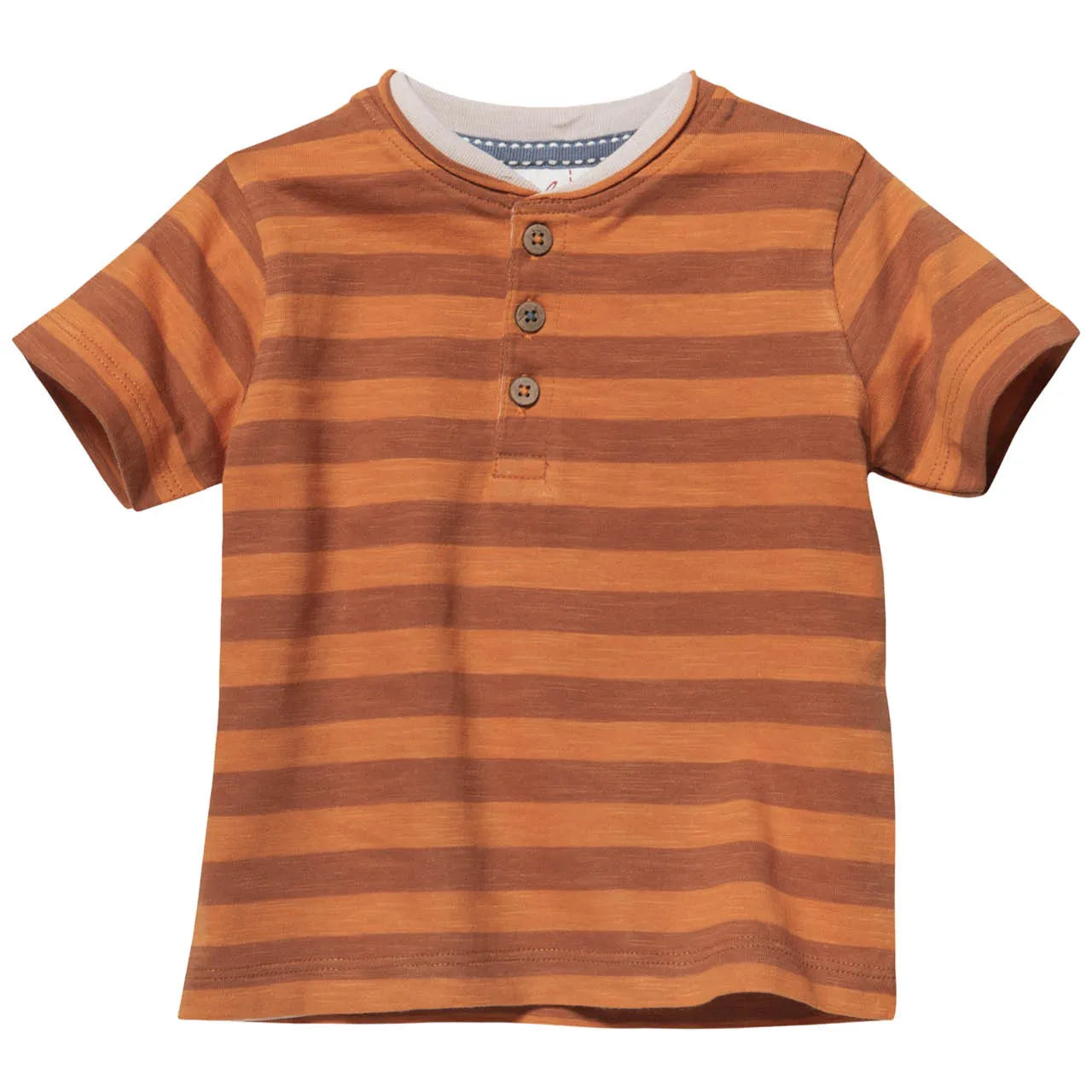 Striped Orange | Short Sleeve Kids Henley Top | GOTS Organic Cotton