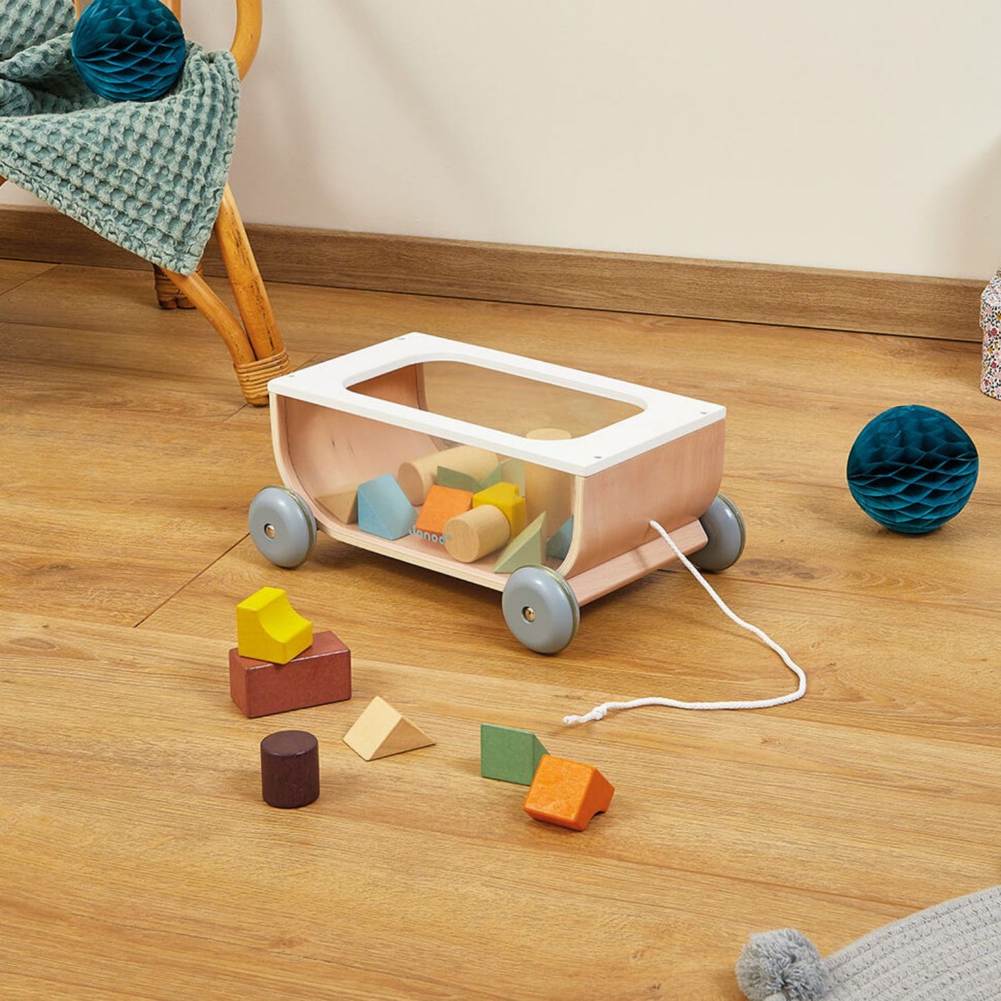 Sweet Cocoon Pull-Along Cart with Wooden Blocks | Wooden Toddler Activity Toy