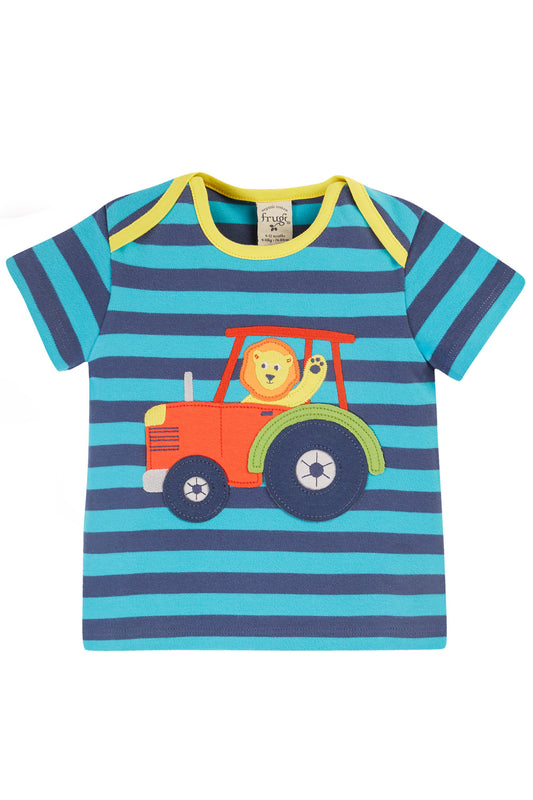 Tropic Navy Stripe - Tractor | Bobster Appliqué T-Shirt | Short Sleeve Top | GOTS Organic Cotton