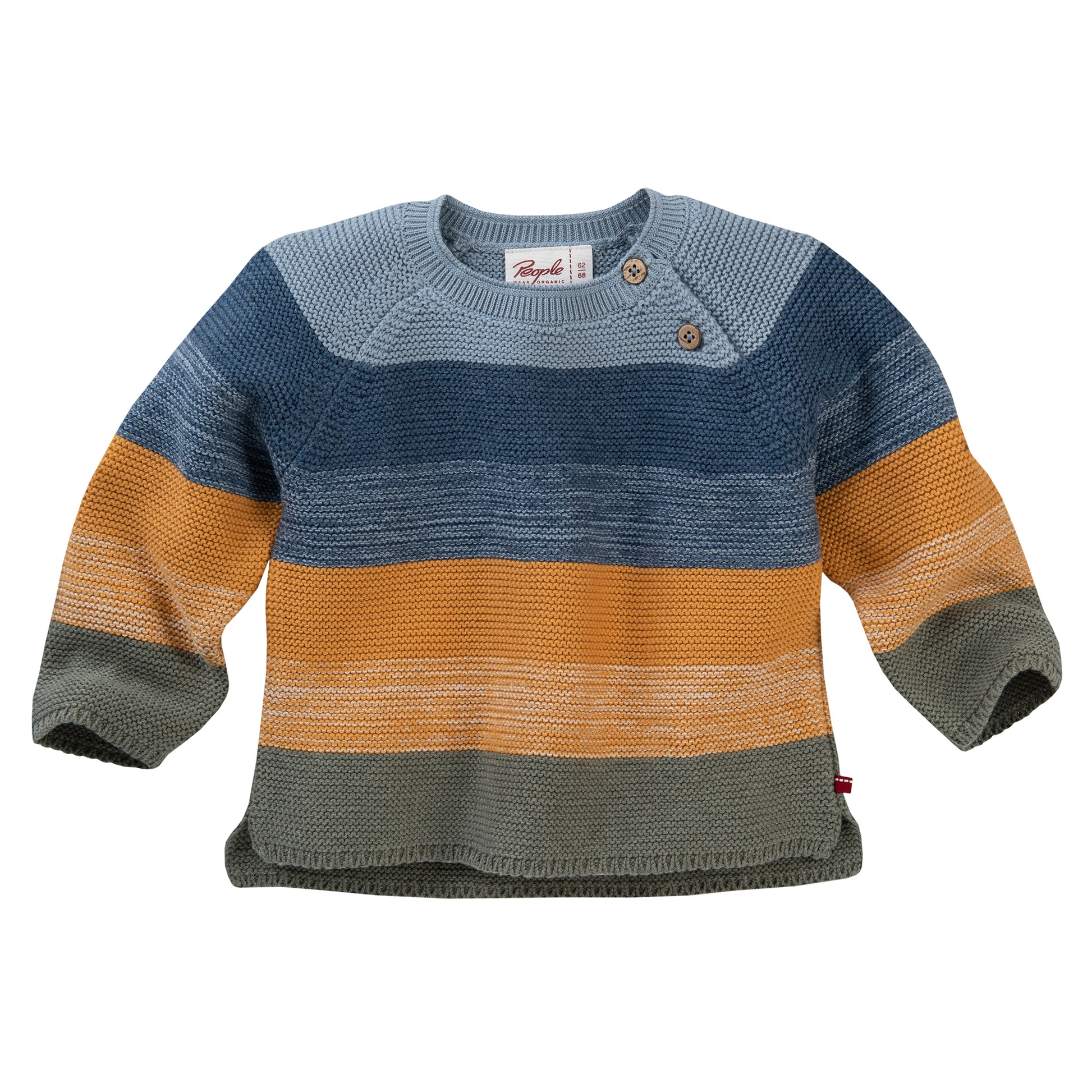 People WEAR ORGANIC Blue, Ochre & Sage Stripe | Baby Knitted Jumper | GOTS Organic Cotton | Front | BeoVERDE Ireland