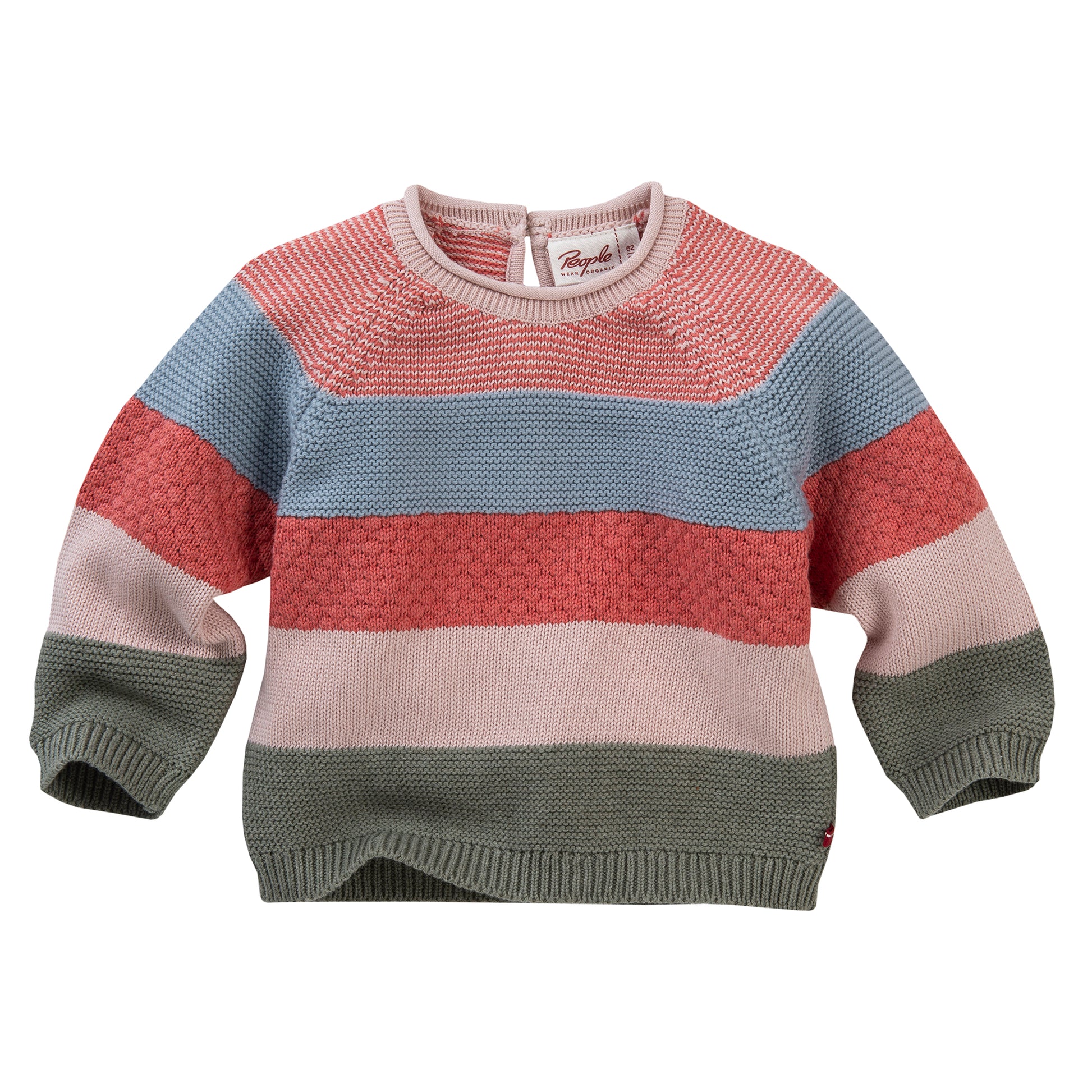 People WEAR ORGANIC Blue, Raspberry, Rose & Sage Stripe | Baby Knitted Jumper | GOTS Organic Cotton | Front | BeoVERDE Ireland