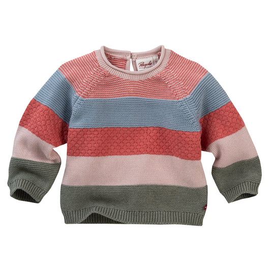 People WEAR ORGANIC Blue, Raspberry, Rose & Sage Stripe | Baby Knitted Jumper | GOTS Organic Cotton | Front | BeoVERDE Ireland