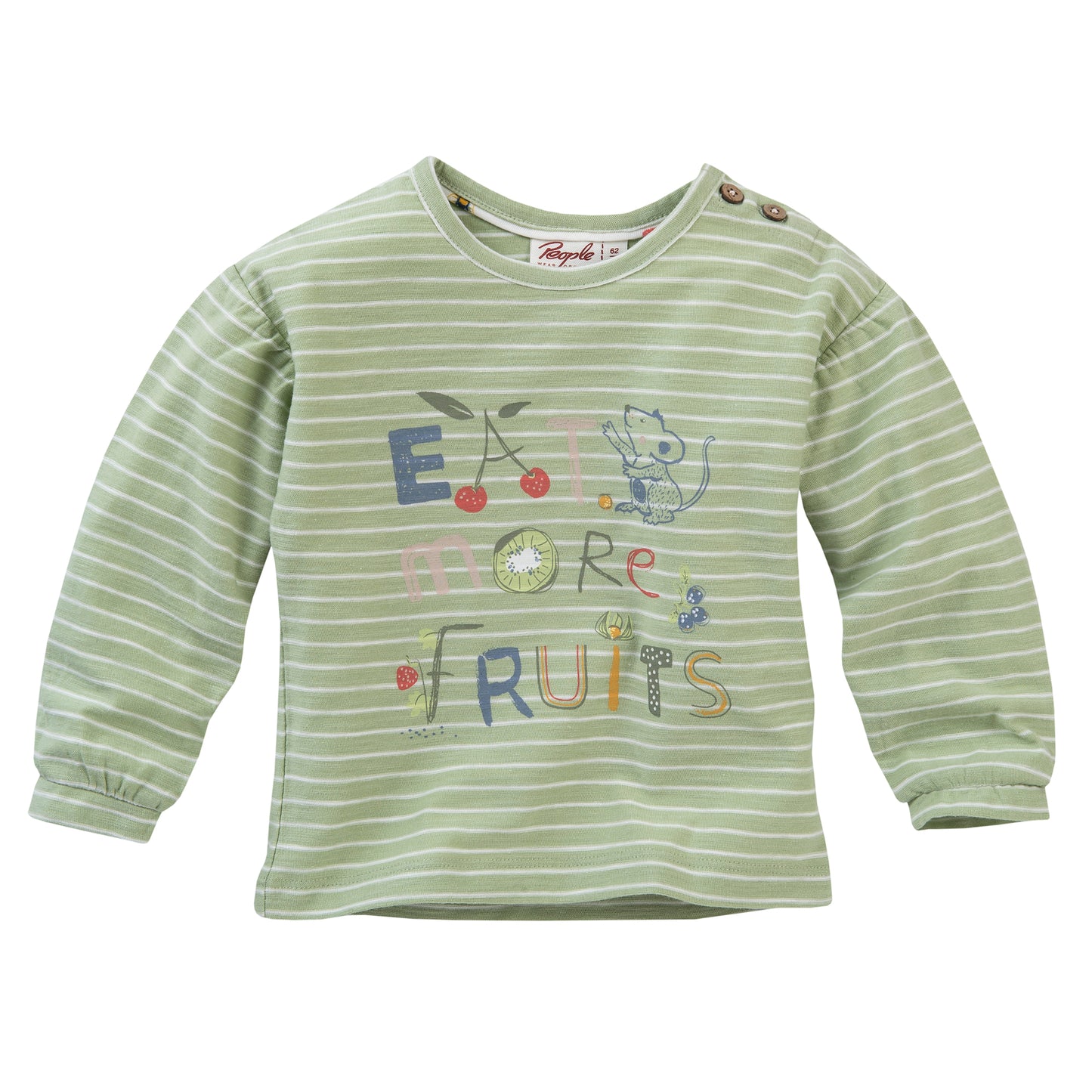 People WEAR ORGANIC Eat More Fruits Graphic - Sage | Long Sleeve Baby Top | GOTS Organic Cotton | Front | BeoVERDE Ireland