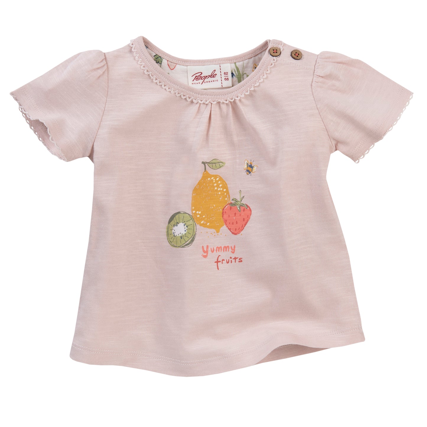 People WEAR ORGANIC Yummy Fruits - Soft Rose Ruffled Shirt | Short Sleeve Baby Top | GOTS Organic Cotton | Front | BeoVERDE Ireland