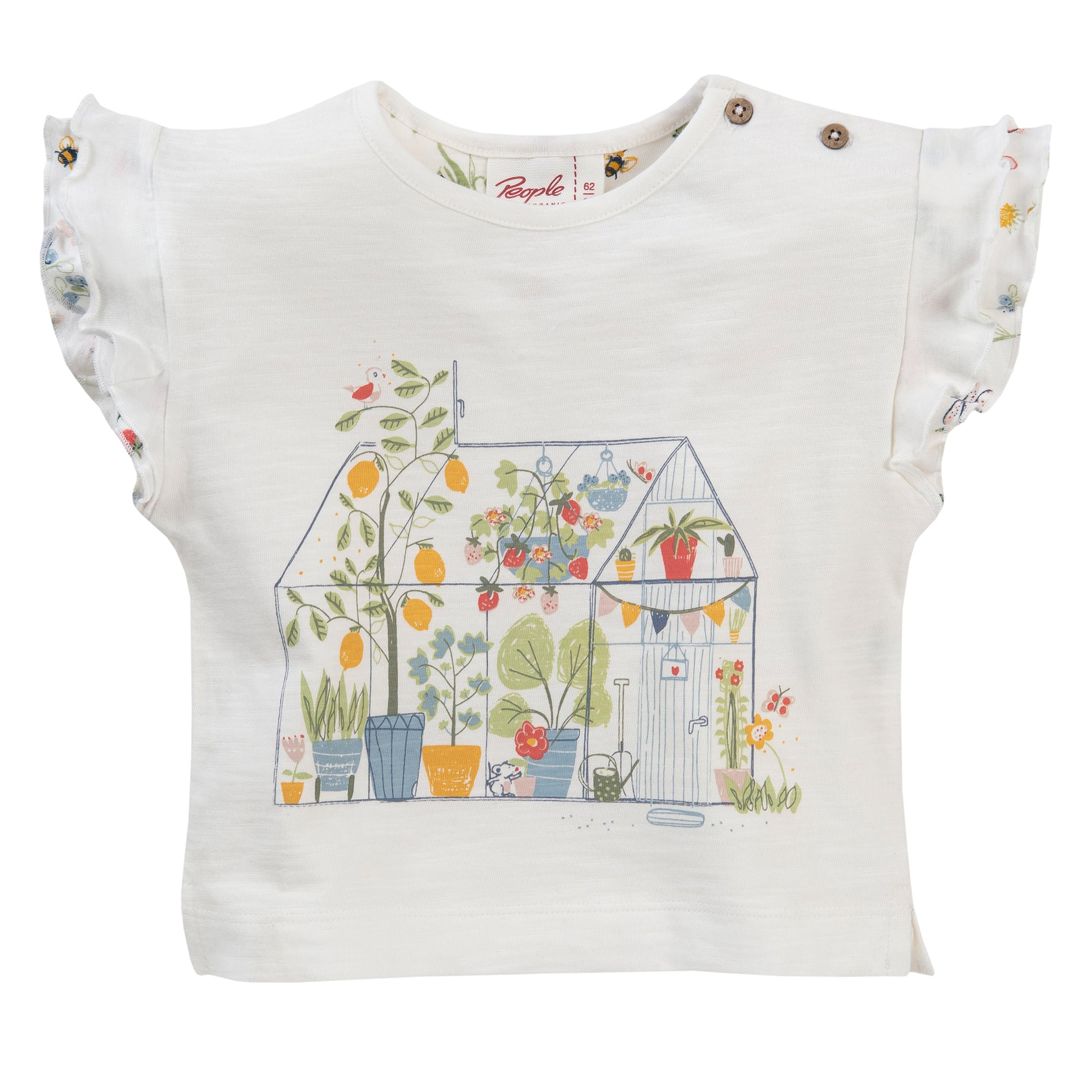 People WEAR ORGANIC Enchanted Greenhouse Ruffled Shirt | Short Sleeve Baby Top | GOTS Organic Cotton | Front | BeoVERDE Ireland